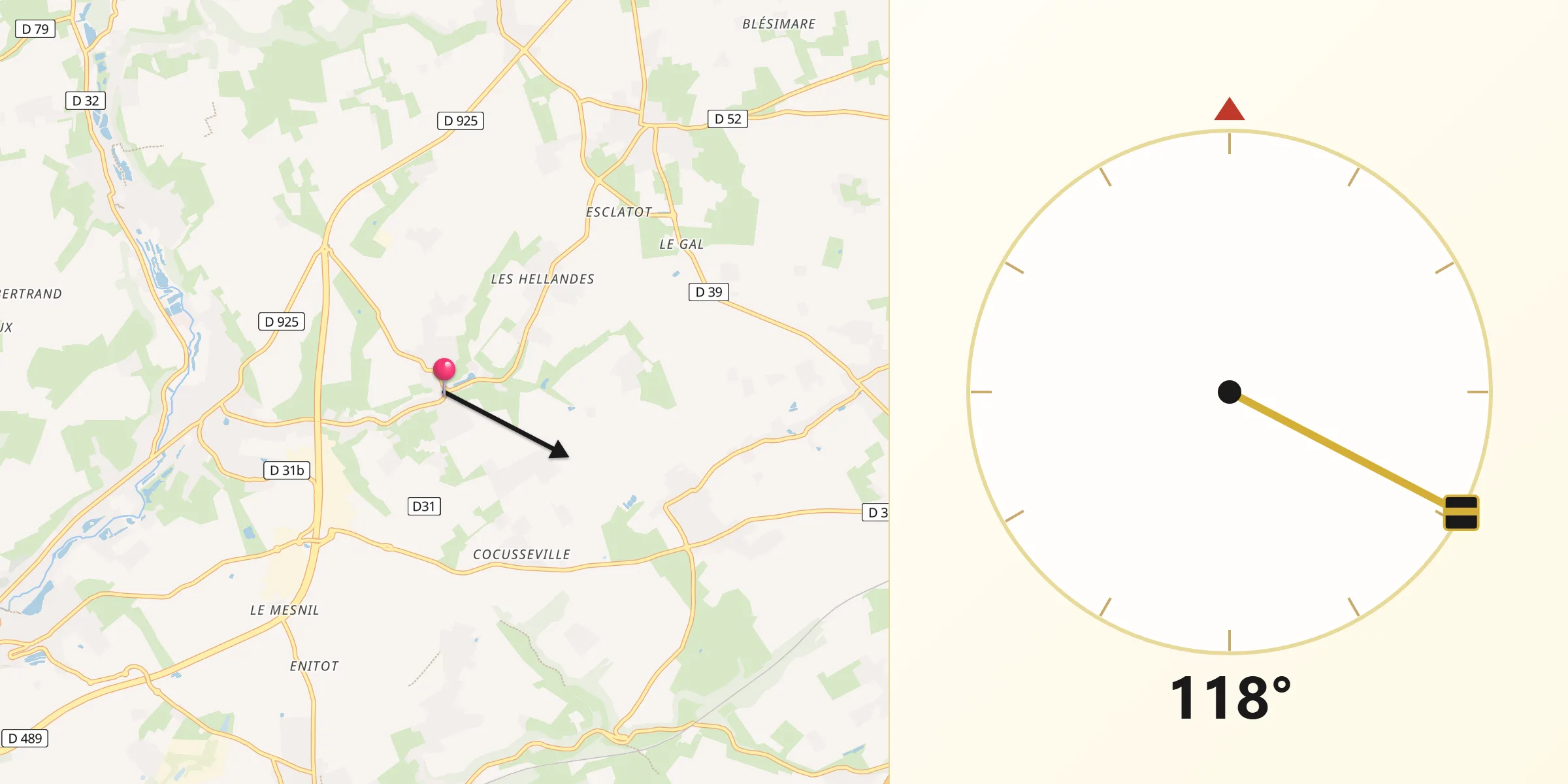 Direction vers la Qibla depuis Manéglise