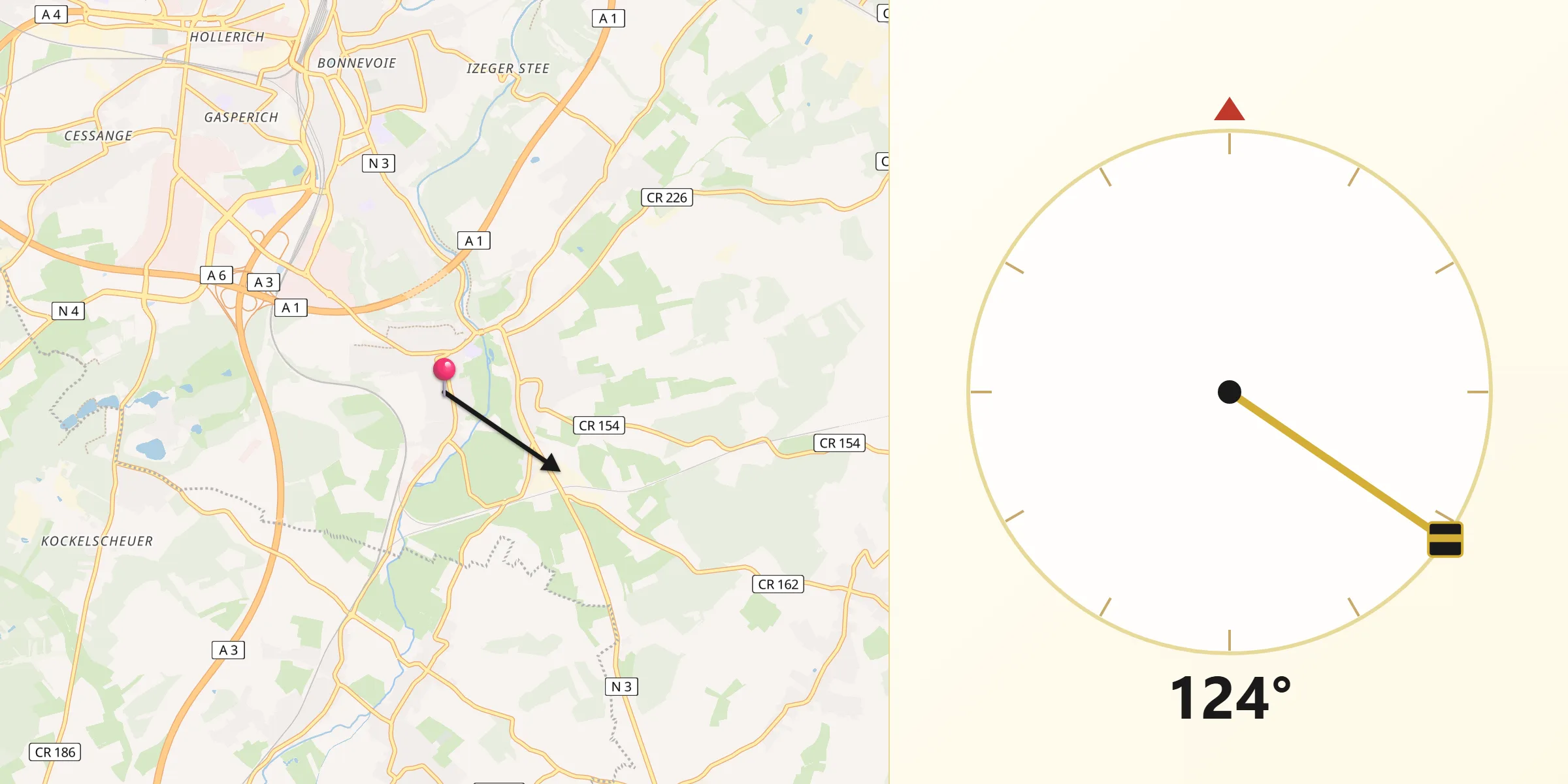 Direction vers la Qibla depuis Hesperange