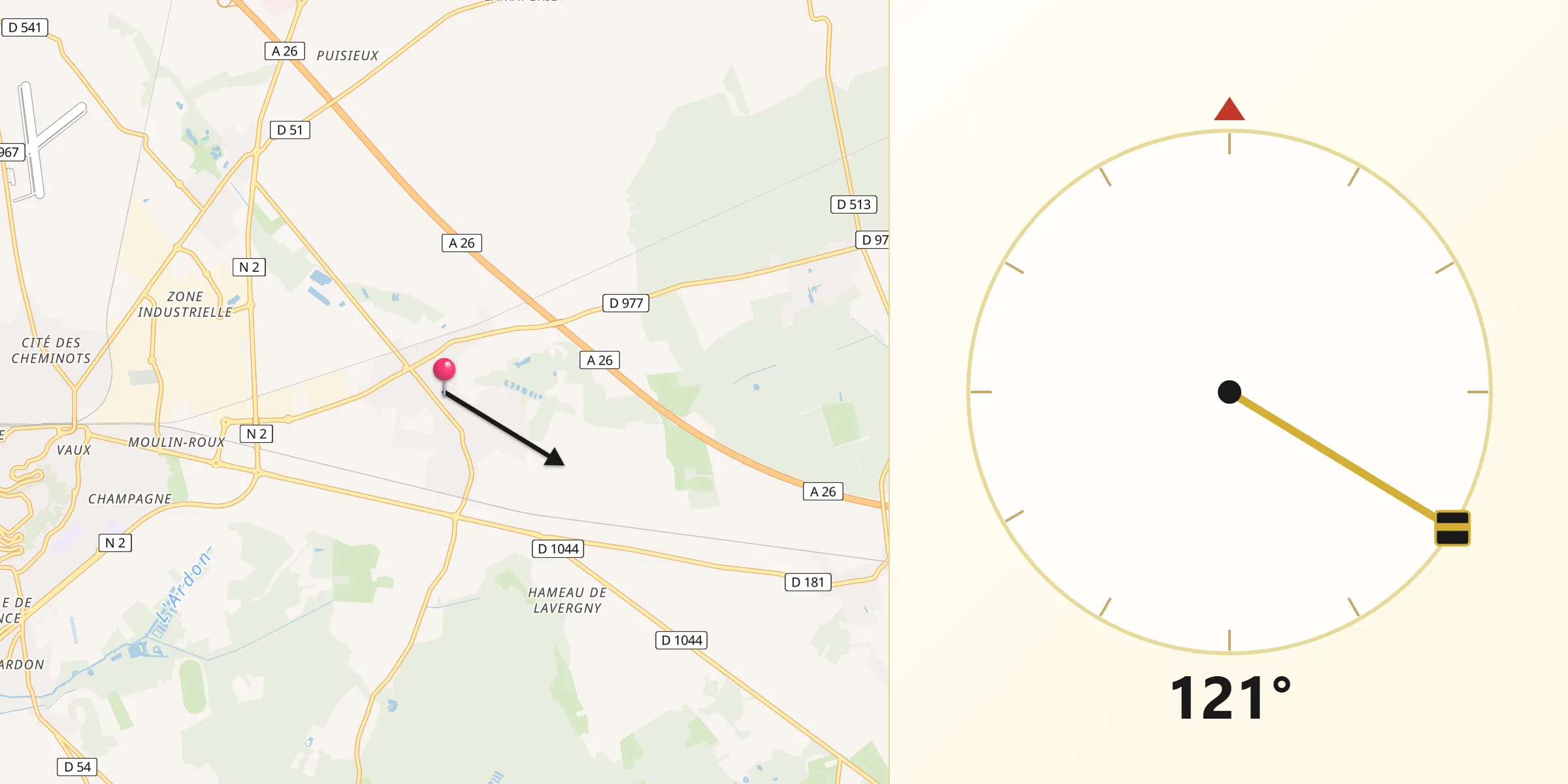 Direction vers la Qibla depuis Athies-sous-Laon