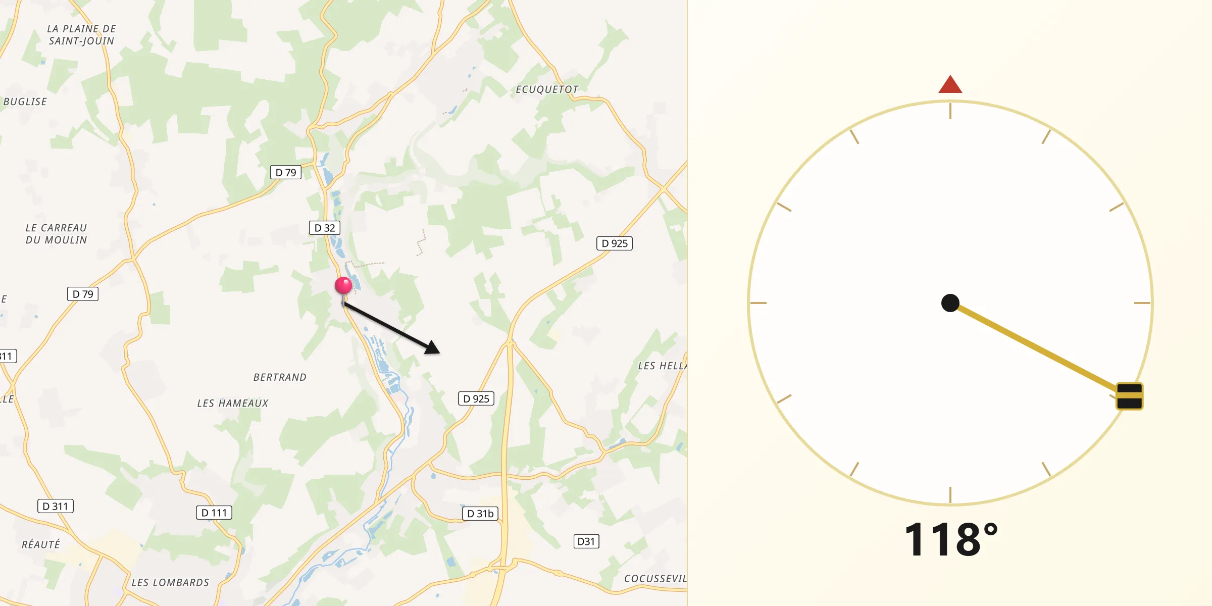 Direction vers la Qibla depuis Rolleville