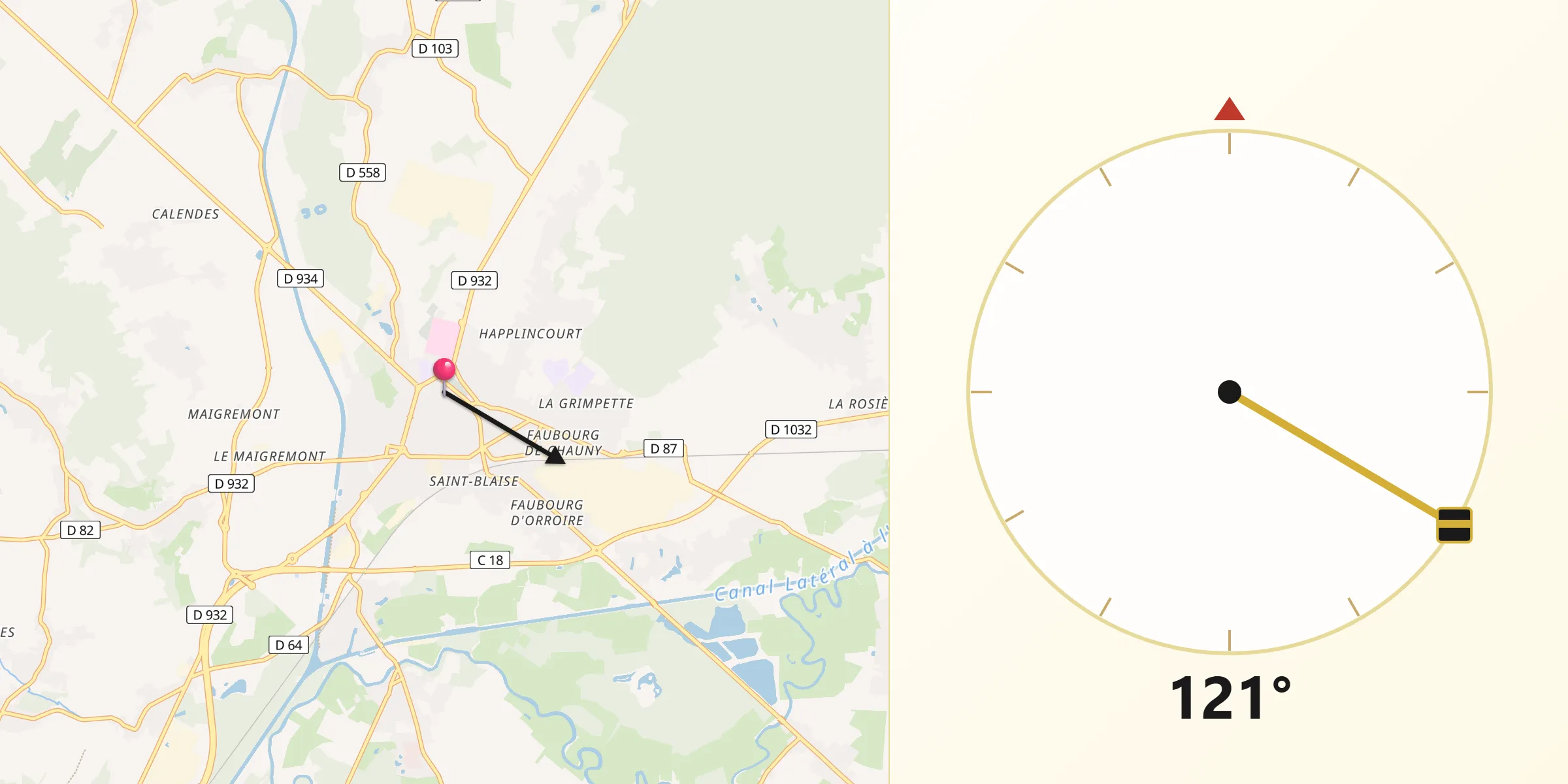 Direction vers la Qibla depuis Noyon