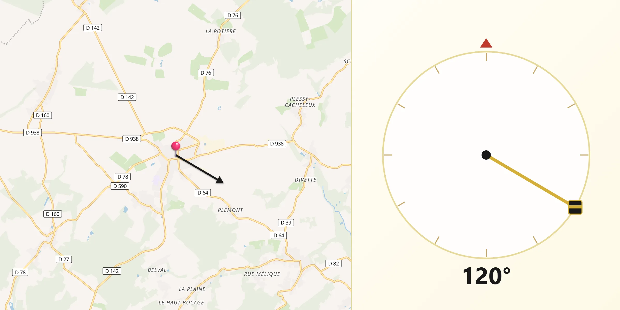 Direction vers la Qibla depuis Lassigny