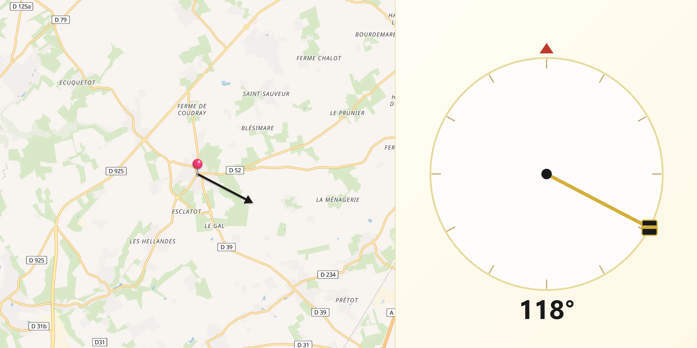 Direction vers la Qibla depuis Angerville-l’Orcher