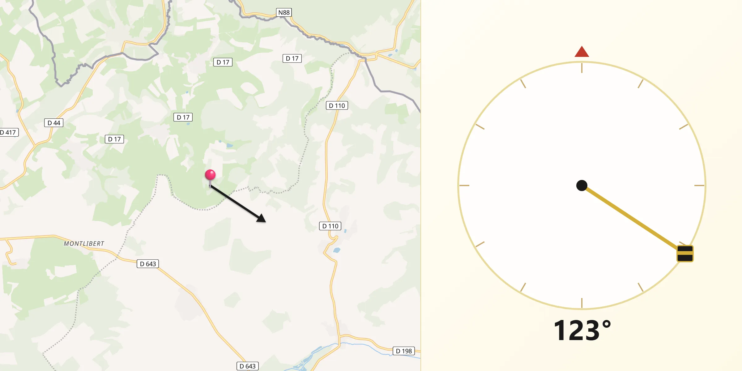 Direction vers la Qibla depuis Breux