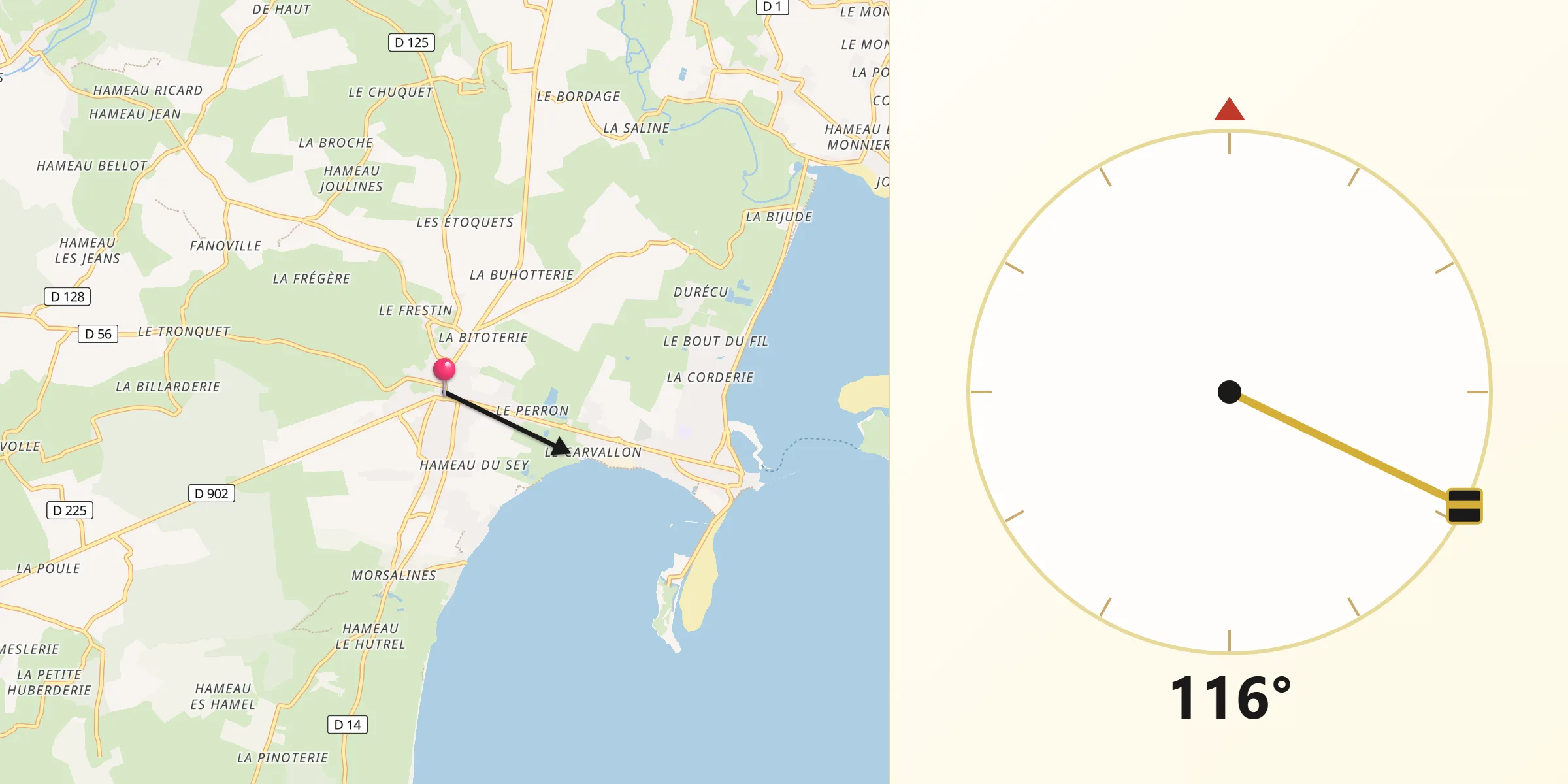 Direction vers la Qibla depuis Quettehou