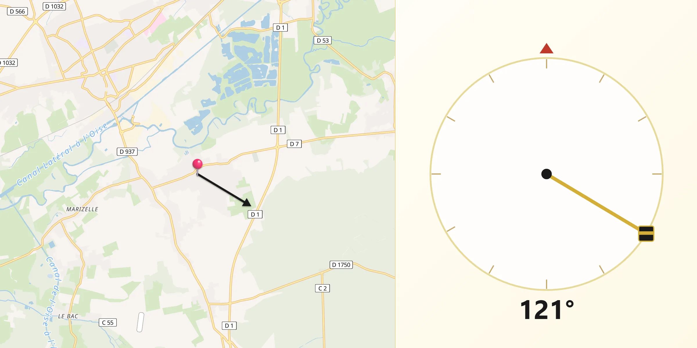 Direction vers la Qibla depuis Sinceny