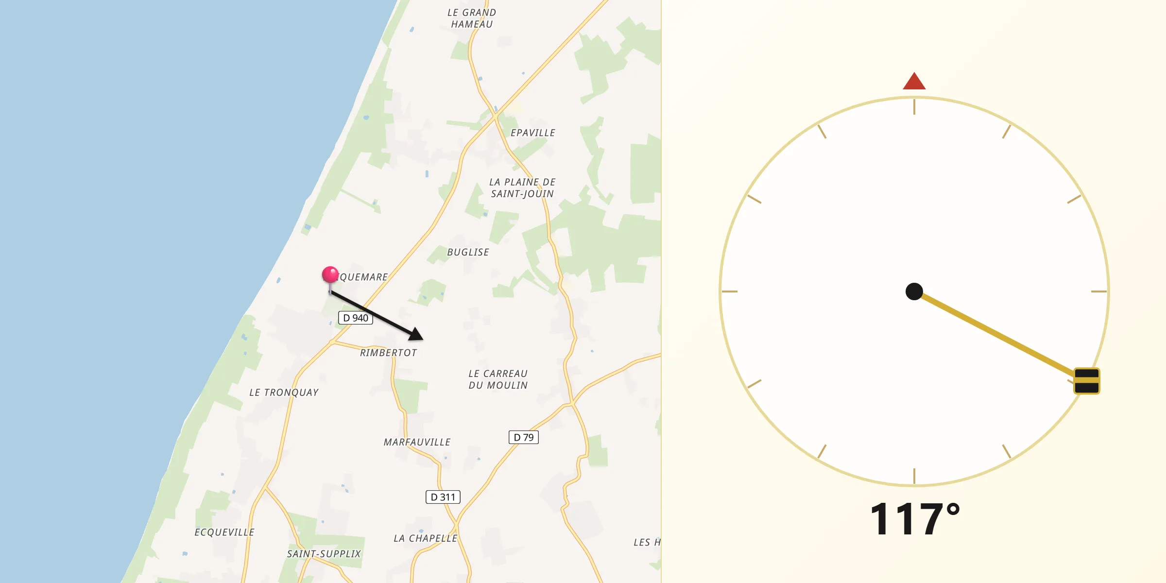 Direction vers la Qibla depuis Cauville-sur-Mer