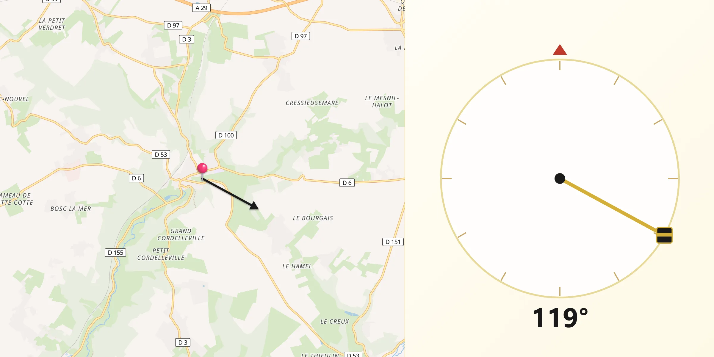 Direction vers la Qibla depuis Clères