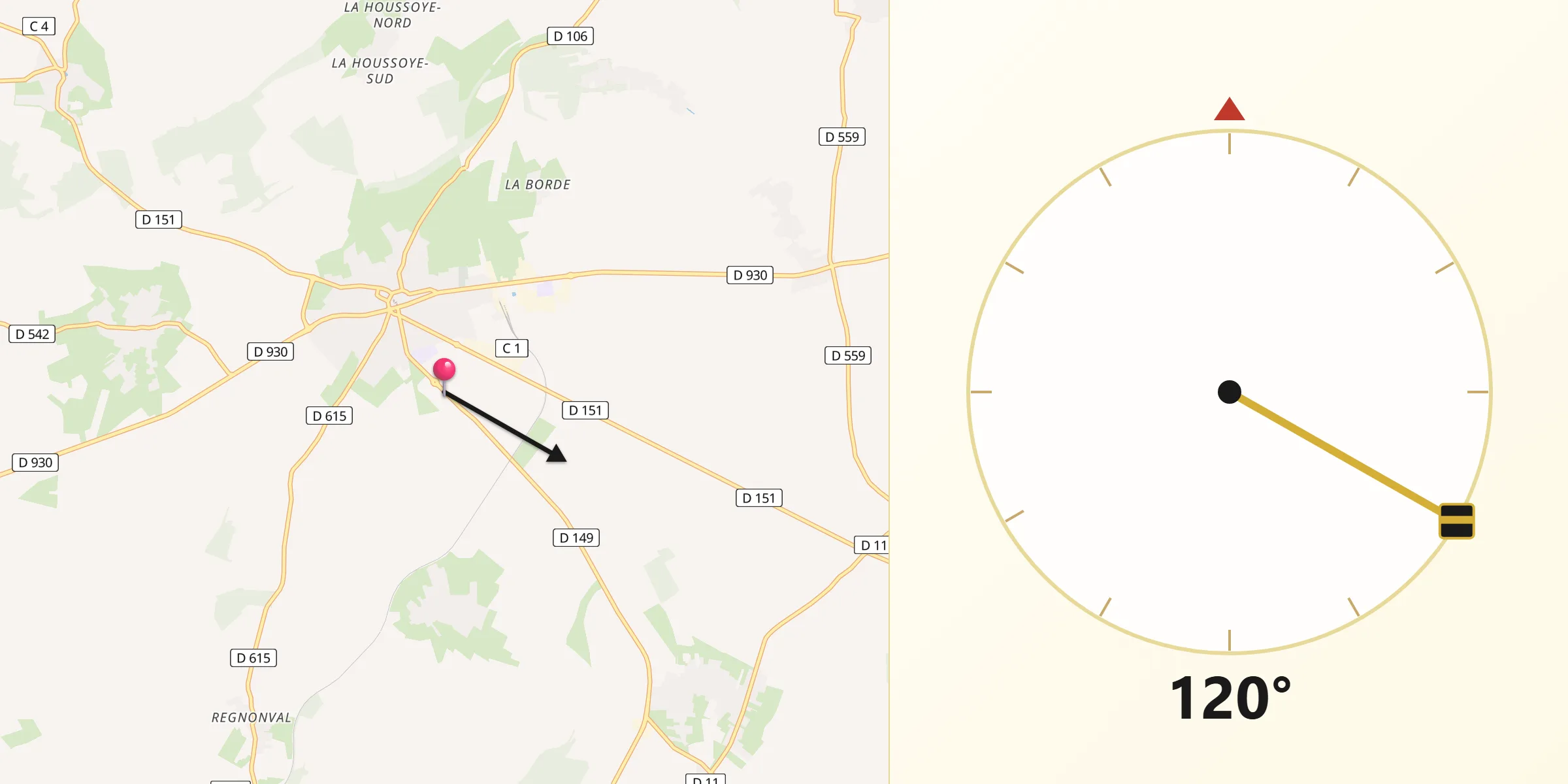Direction vers la Qibla depuis Crèvecœur-le-Grand