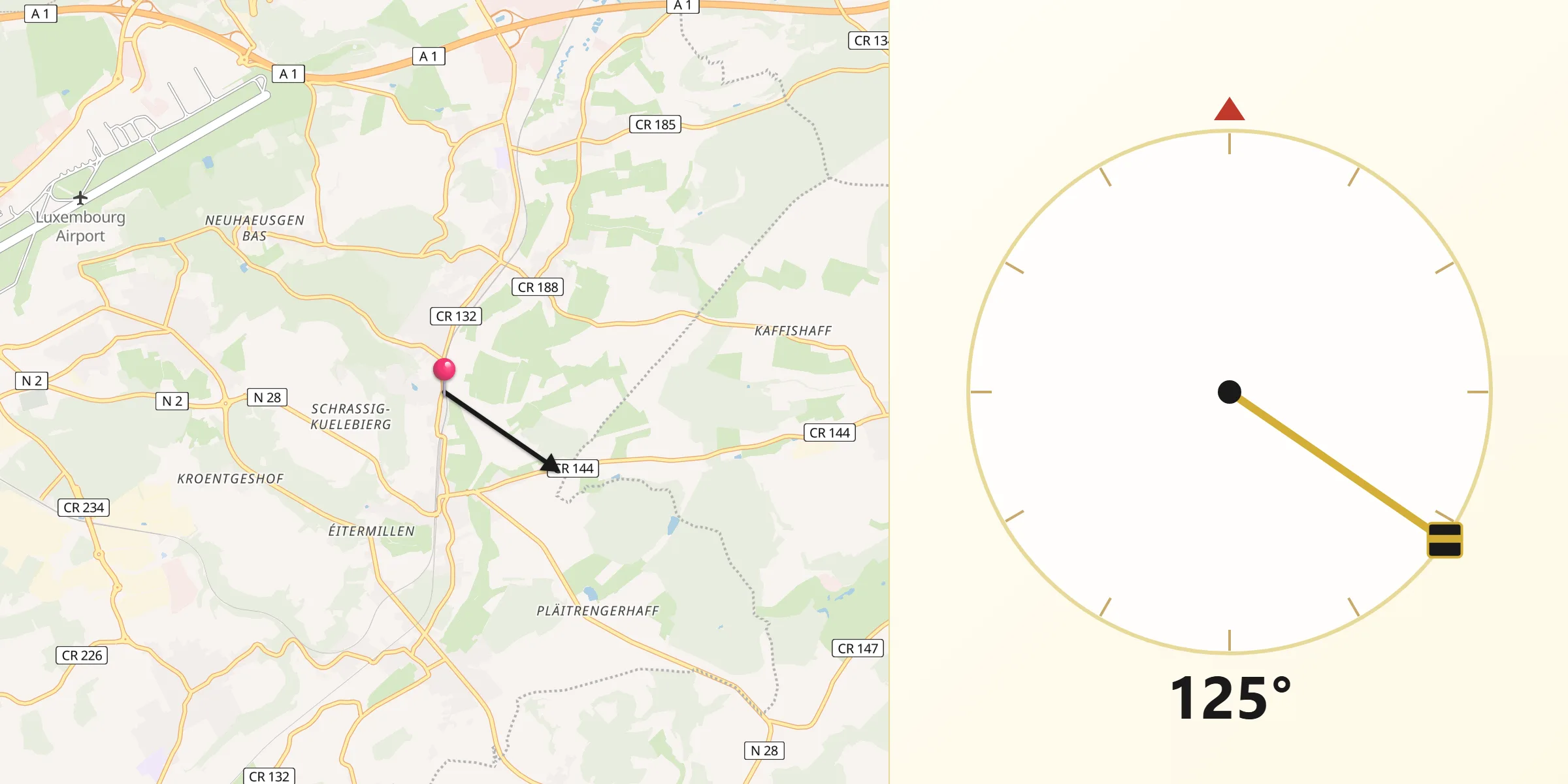 Direction vers la Qibla depuis Schrassig