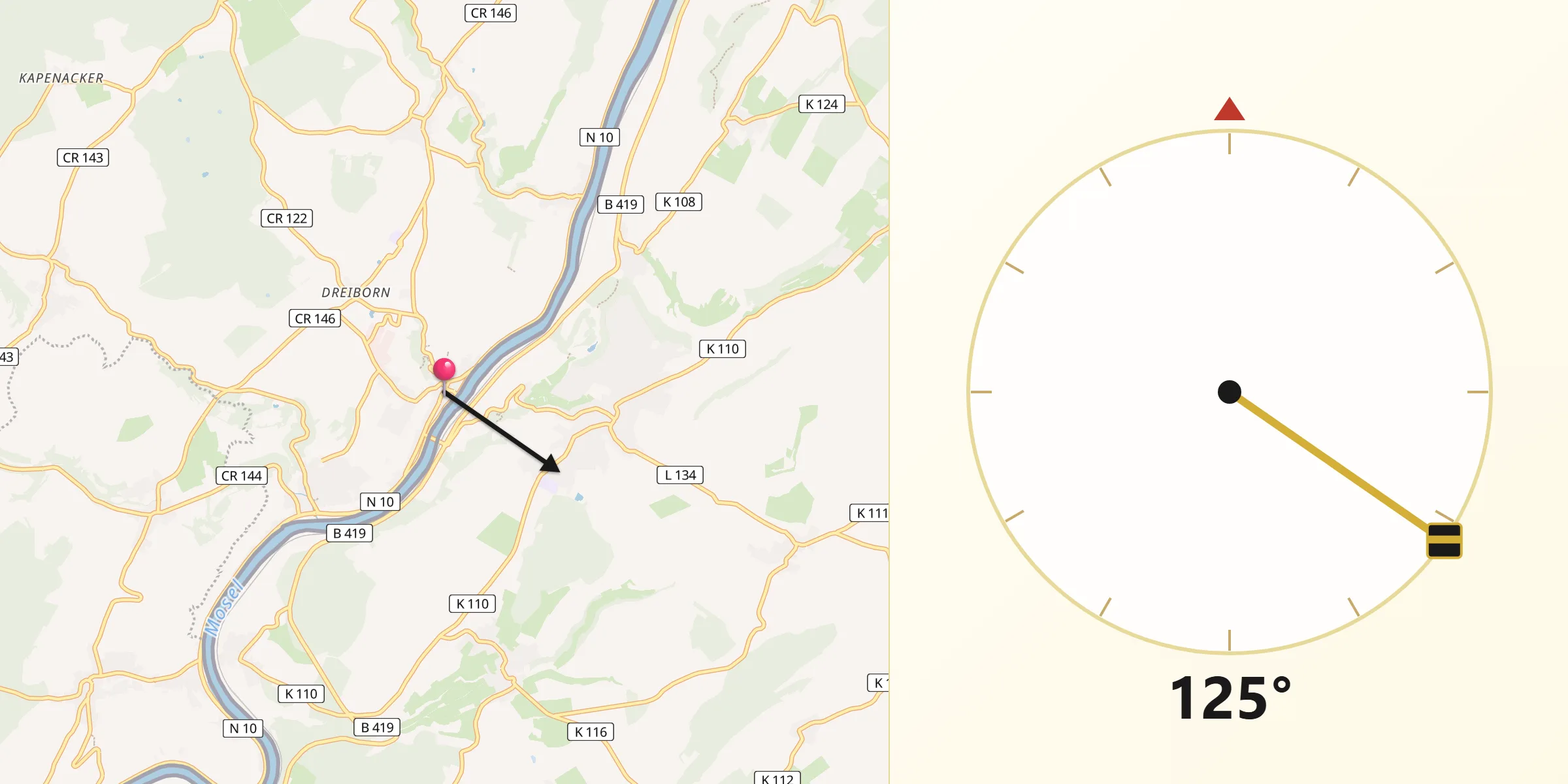 Direction vers la Qibla depuis Wormeldange