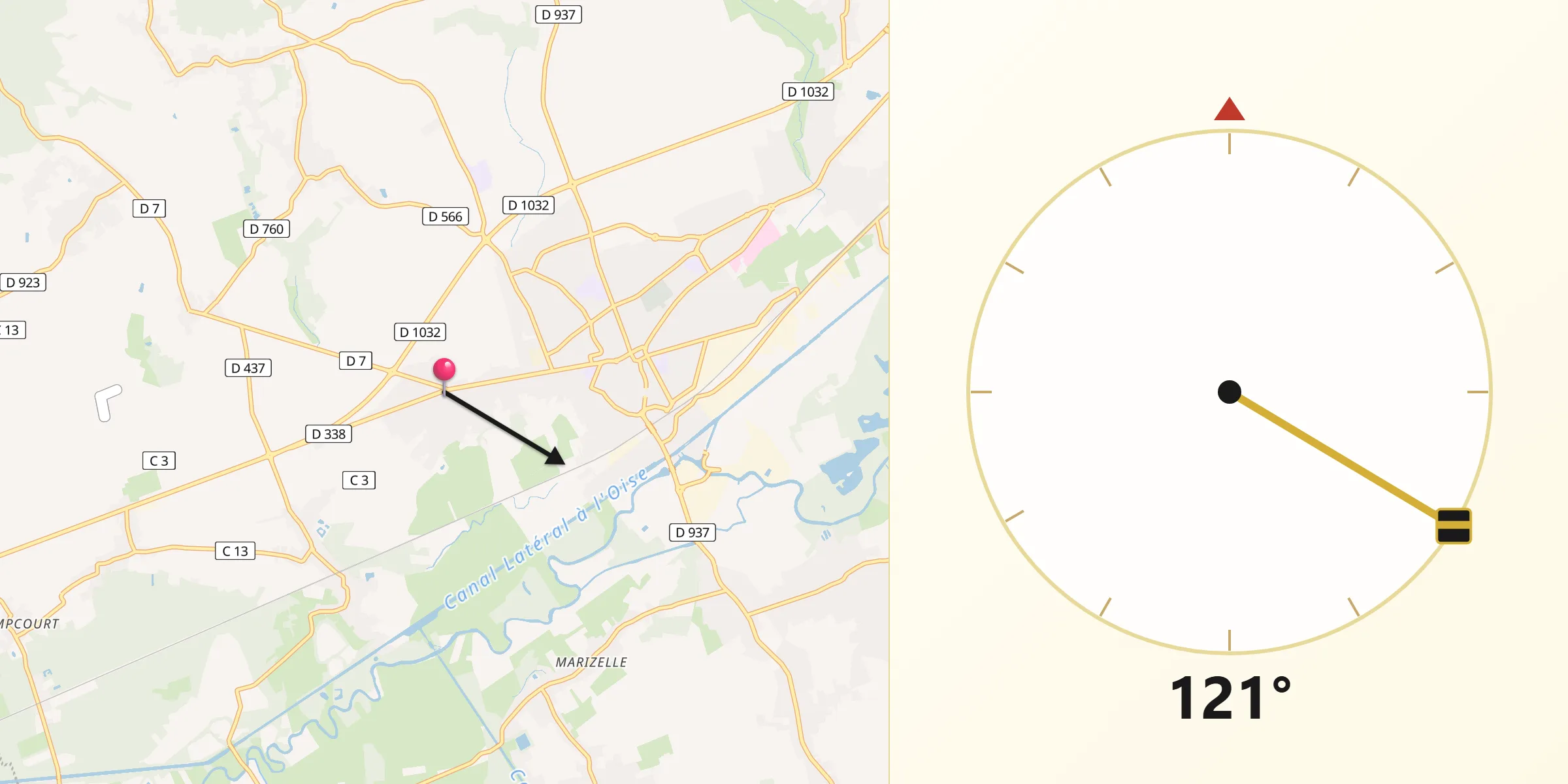 Direction vers la Qibla depuis Ognes