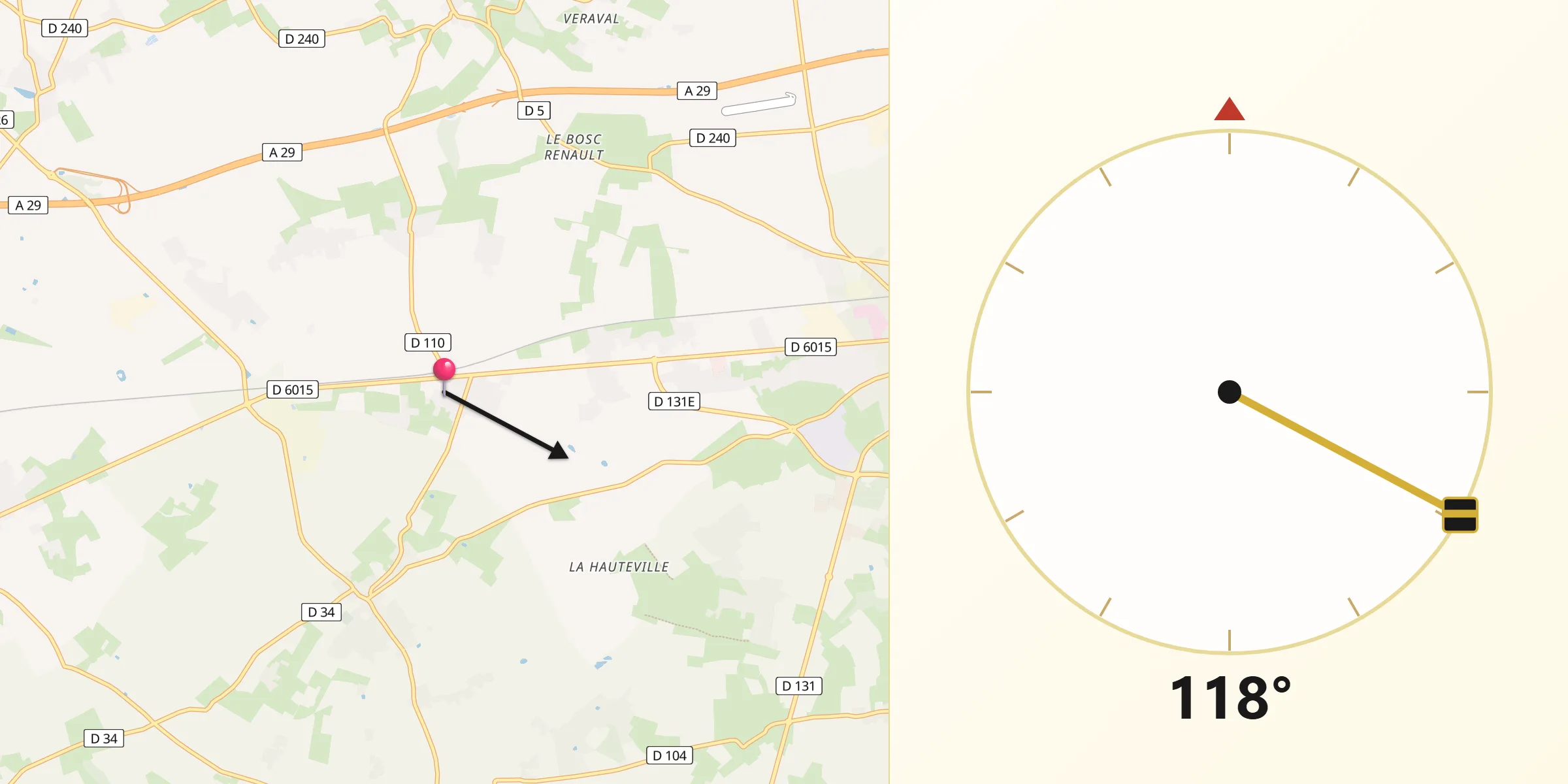 Direction vers la Qibla depuis Valliquerville