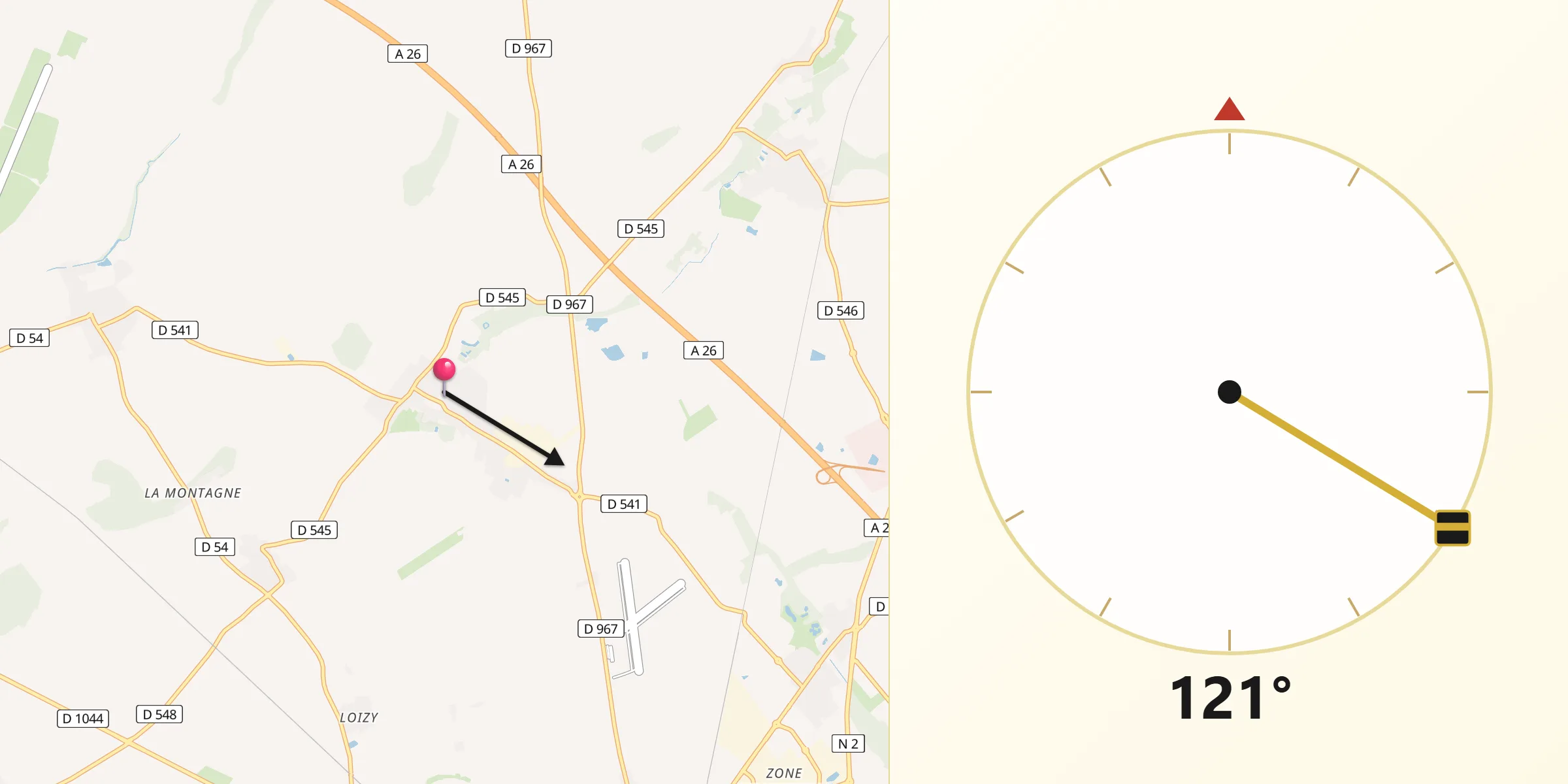 Direction vers la Qibla depuis Aulnois-sous-Laon