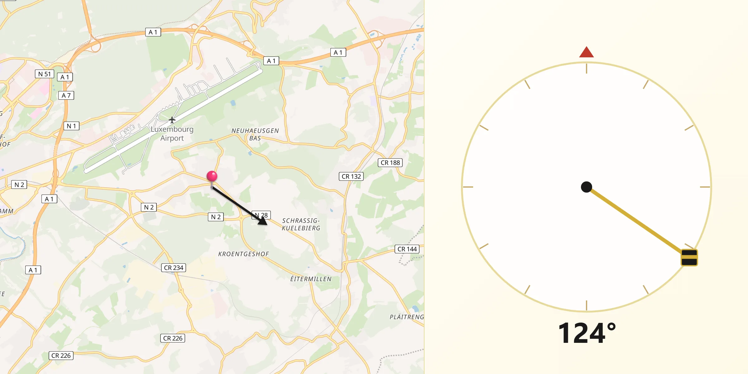 Direction vers la Qibla depuis Sandweiler