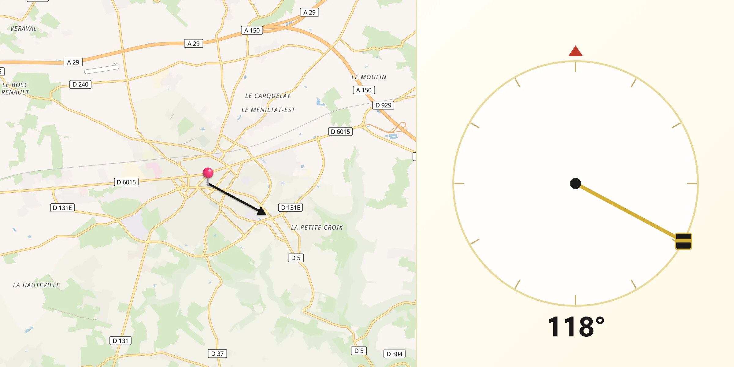Direction vers la Qibla depuis Yvetot