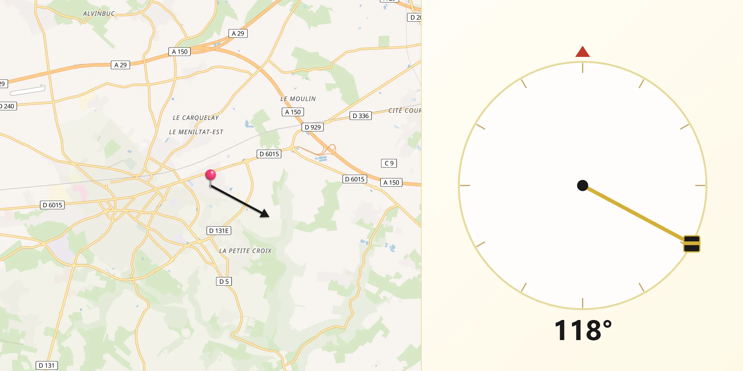 Direction vers la Qibla depuis Sainte-Marie-des-Champs