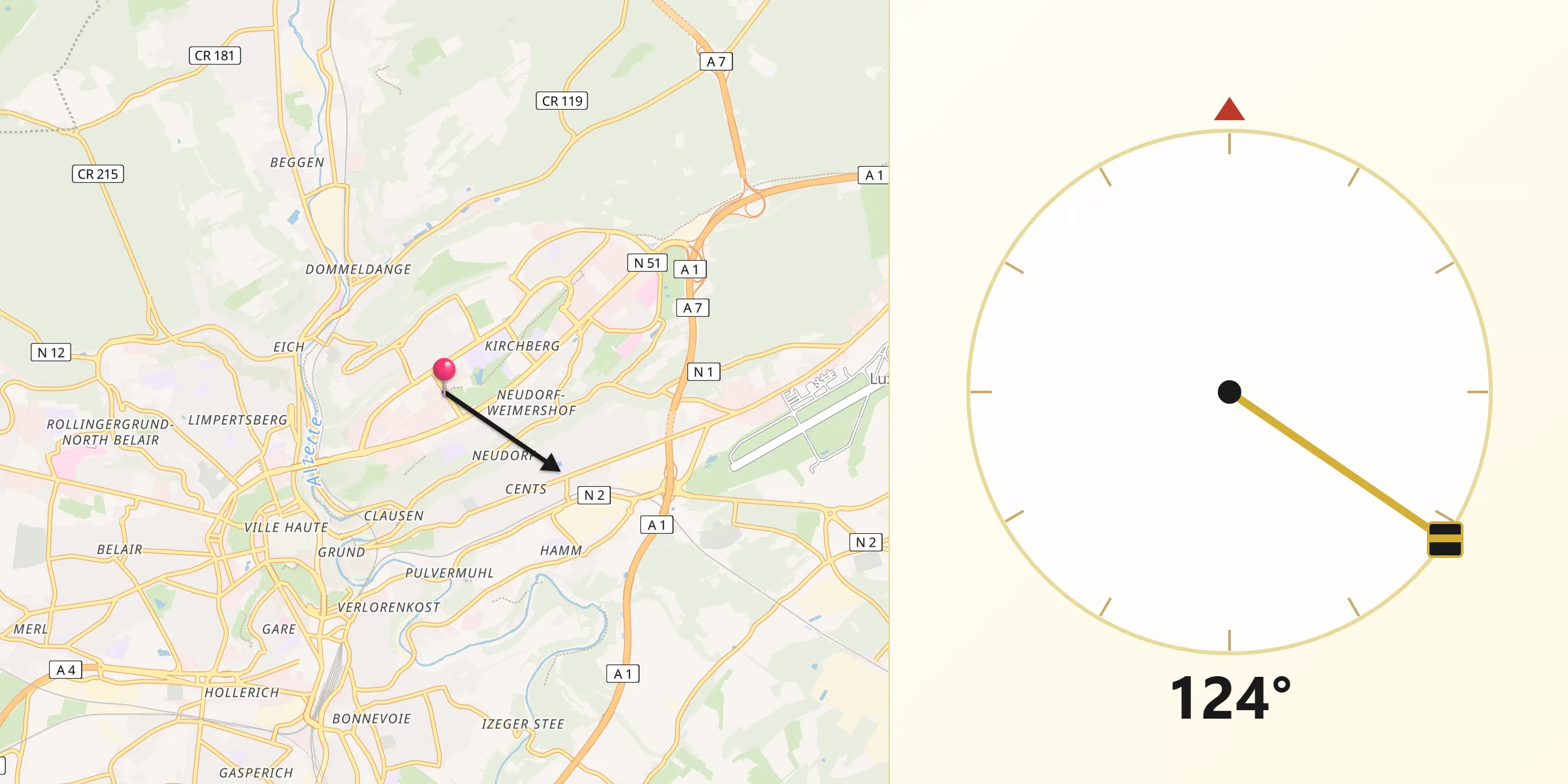Direction vers la Qibla depuis Kirchberg