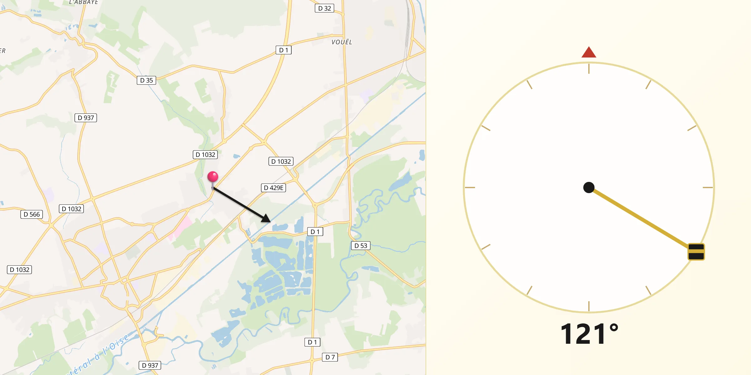 Direction vers la Qibla depuis Viry-Noureuil