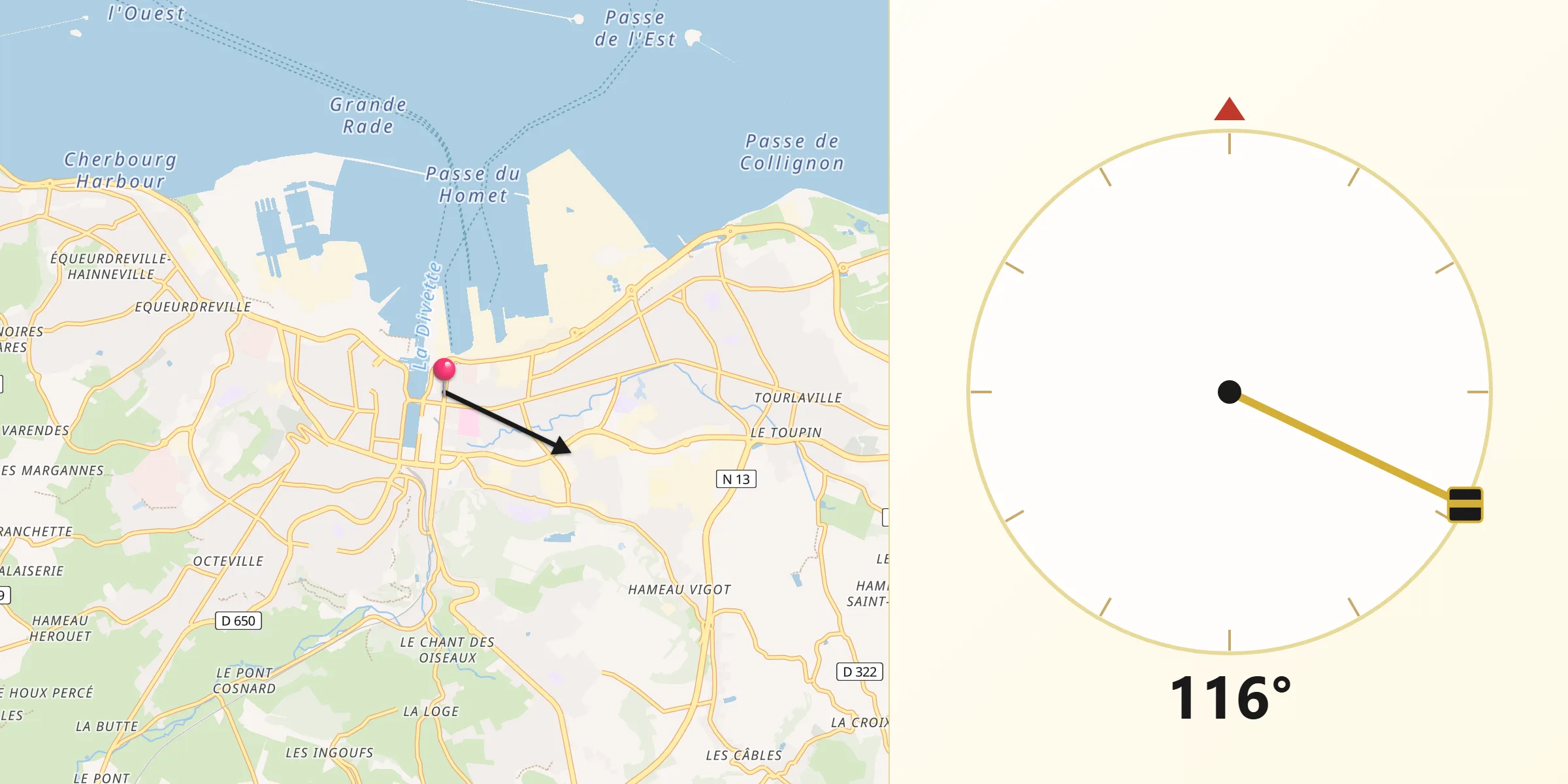 Direction vers la Qibla depuis Cherbourg-Octeville