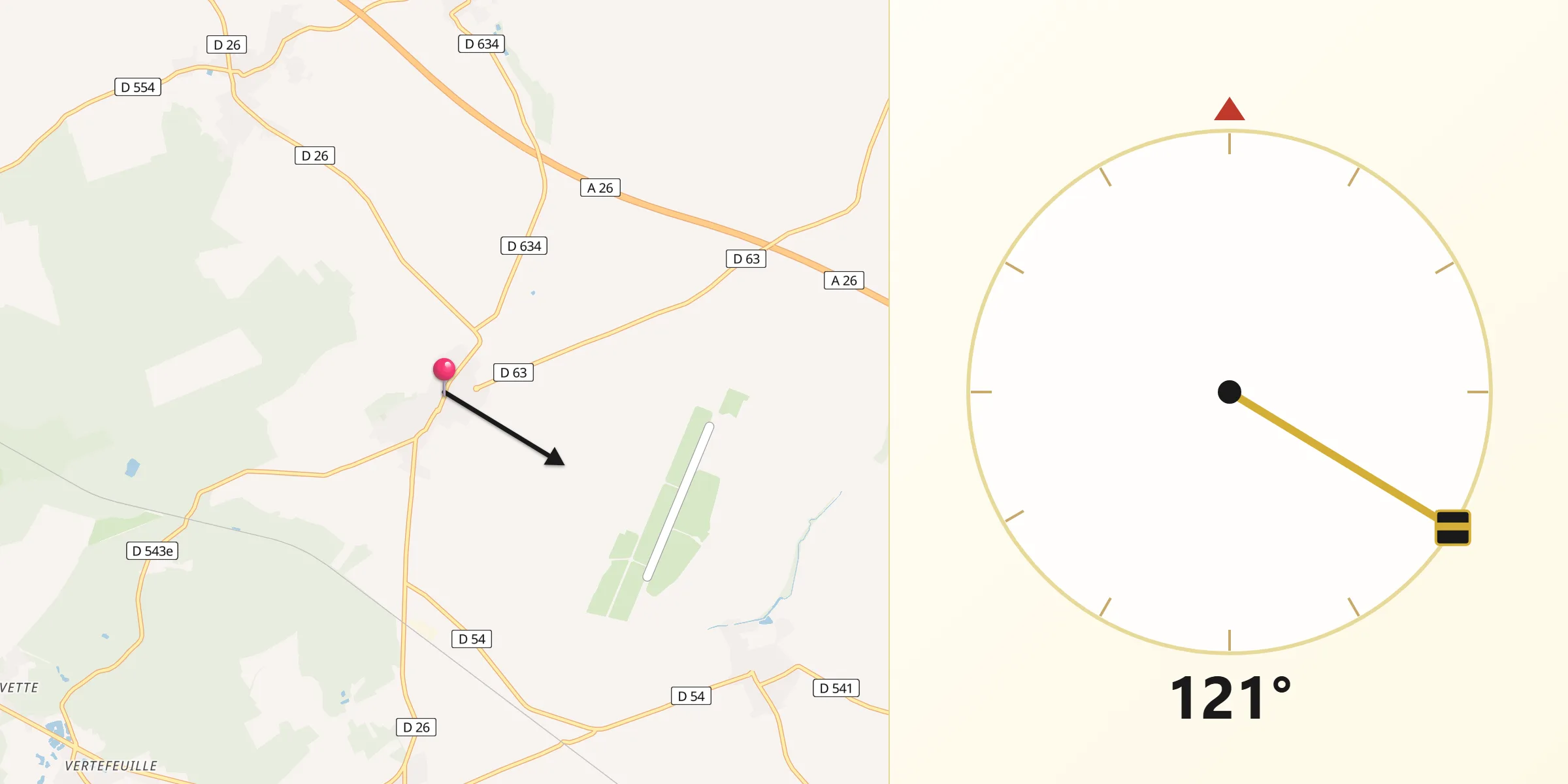 Direction vers la Qibla depuis Couvron-et-Aumencourt