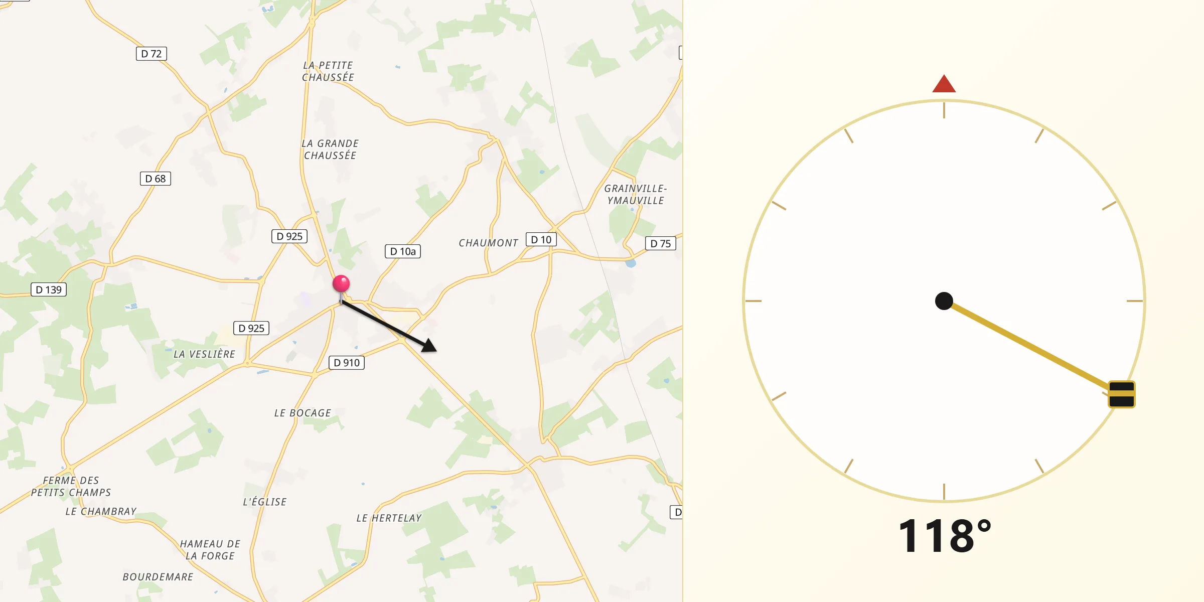 Direction vers la Qibla depuis Goderville