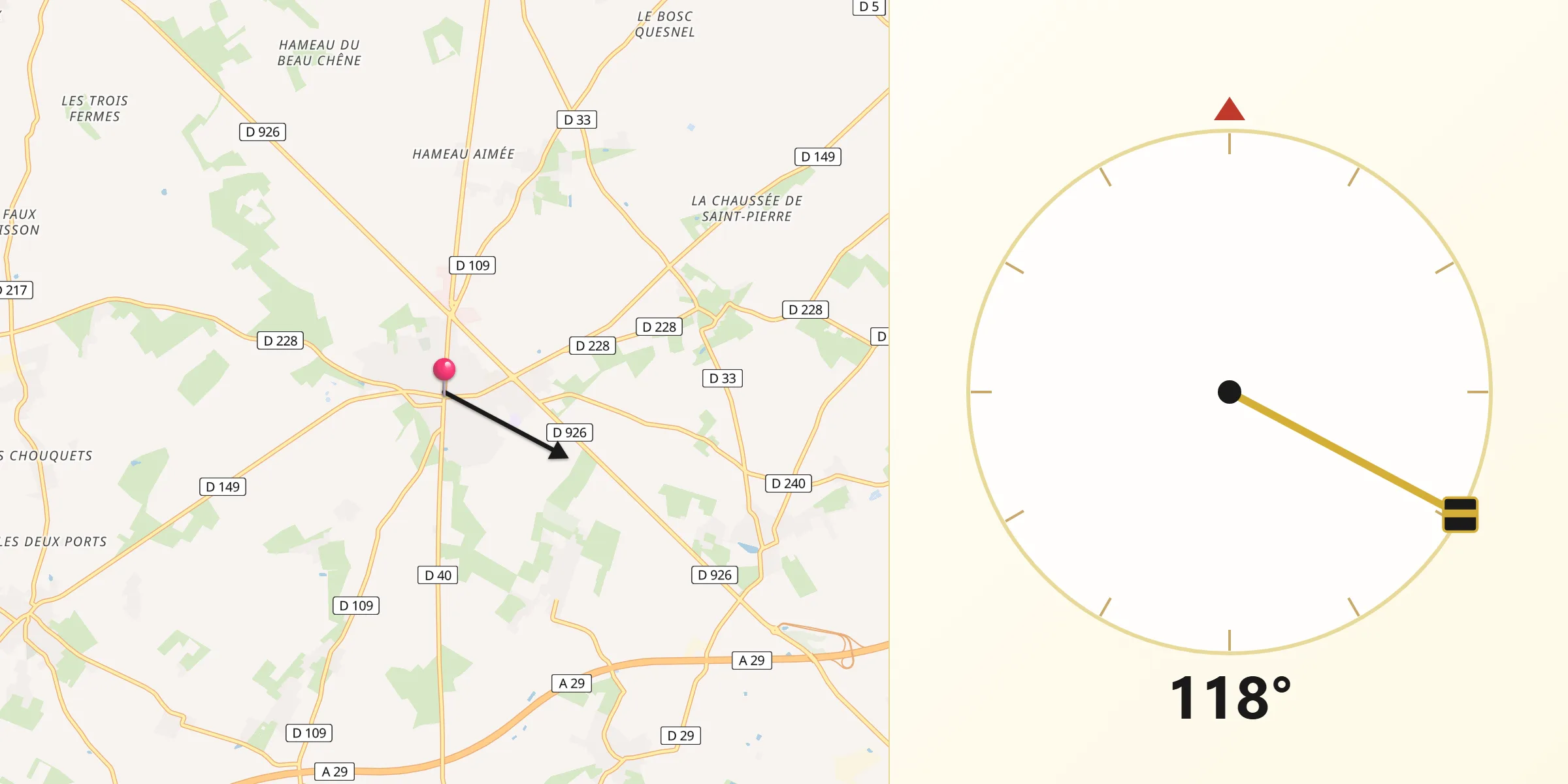 Direction vers la Qibla depuis Fauville-en-Caux