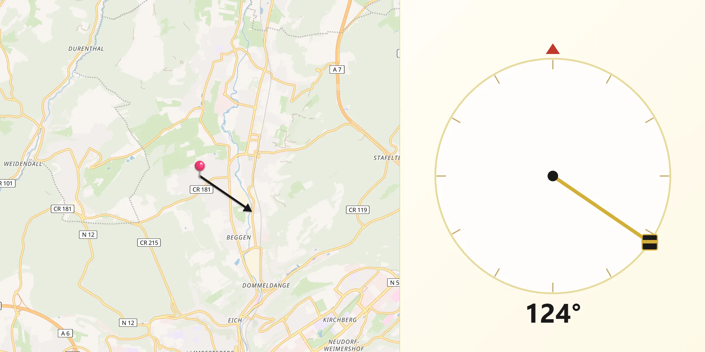 Direction vers la Qibla depuis Béreldange