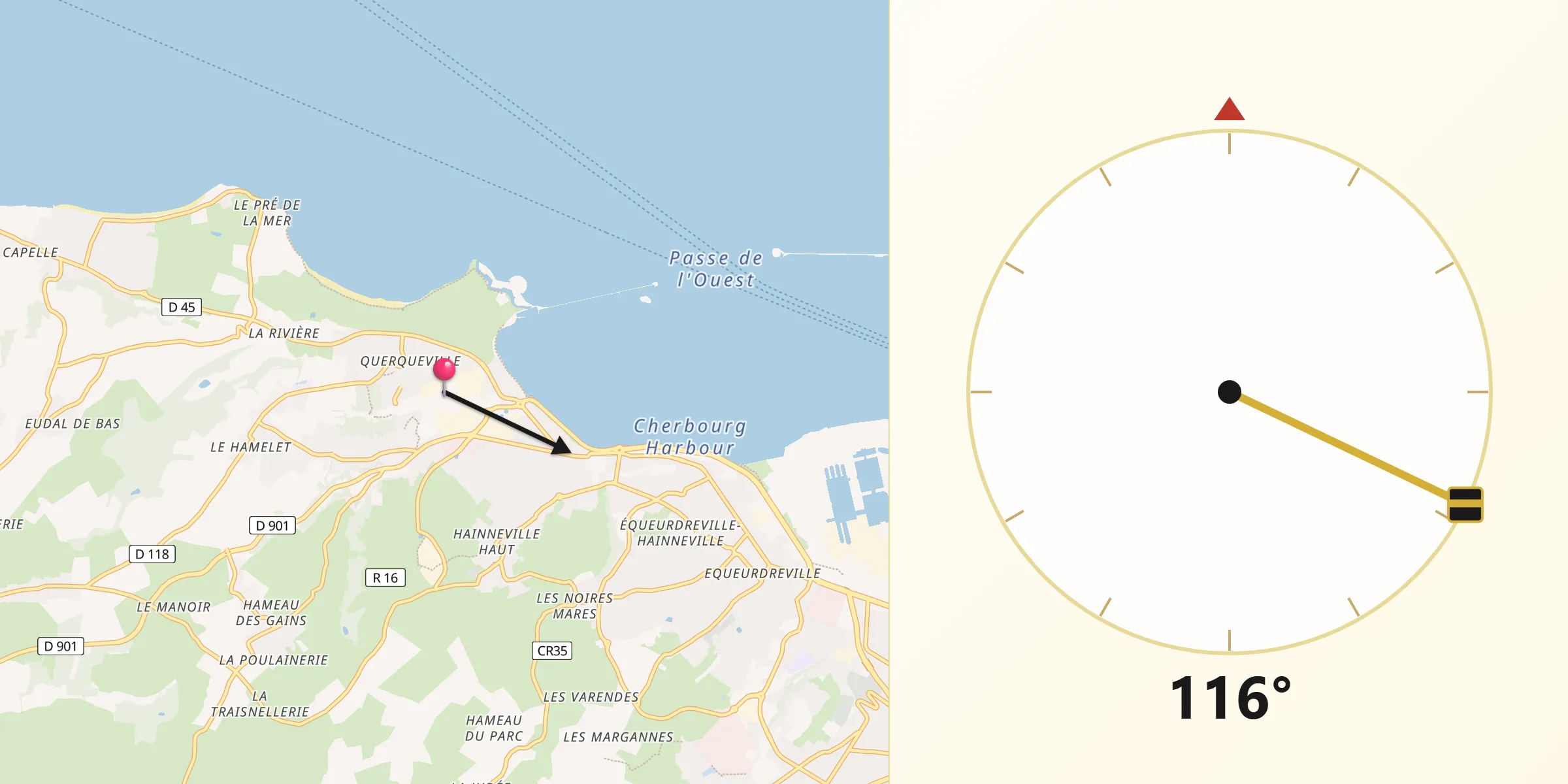 Direction vers la Qibla depuis Querqueville