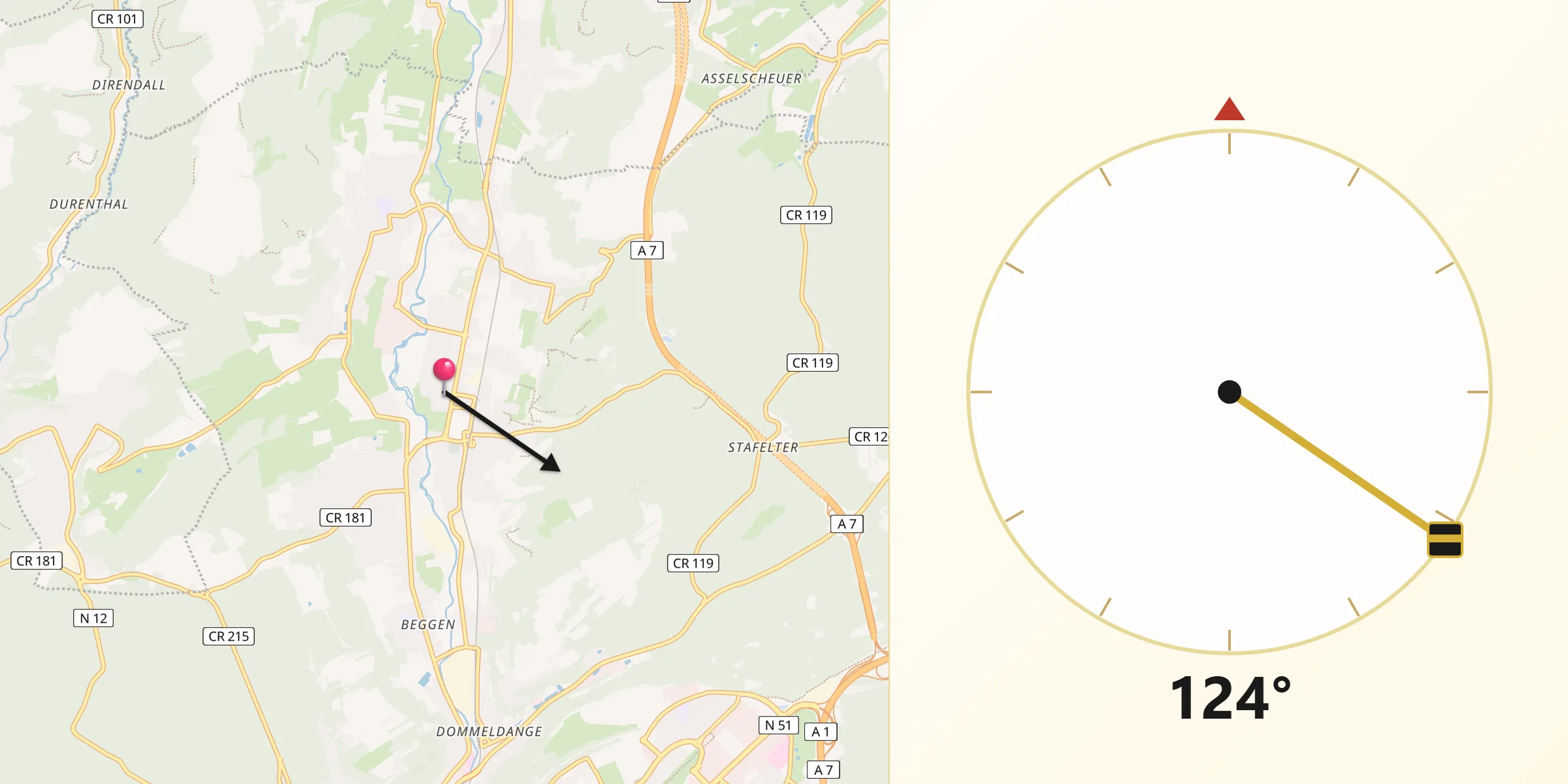 Qibla-Richtung von Walferdange