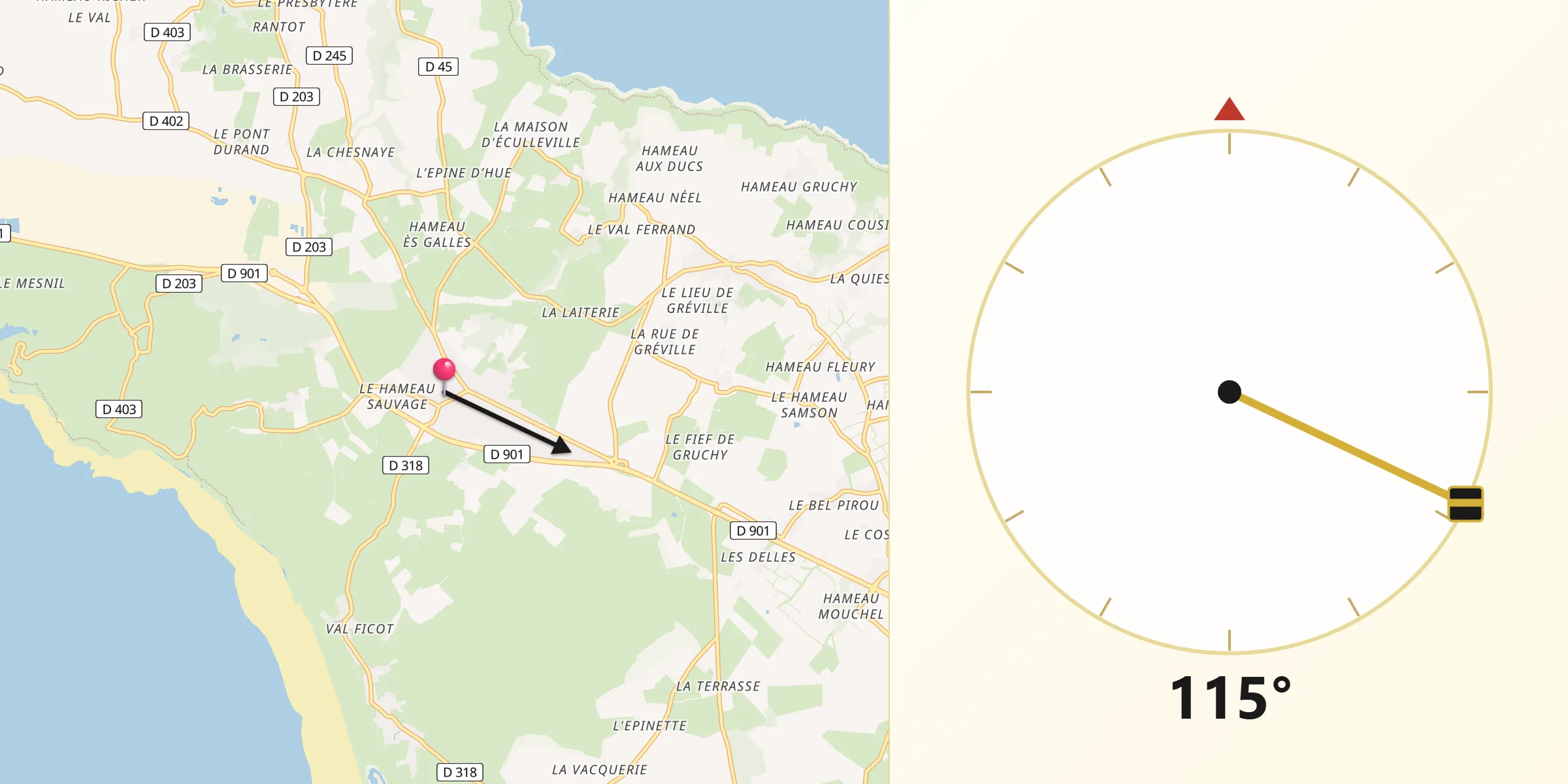 Direction vers la Qibla depuis Beaumont-Hague