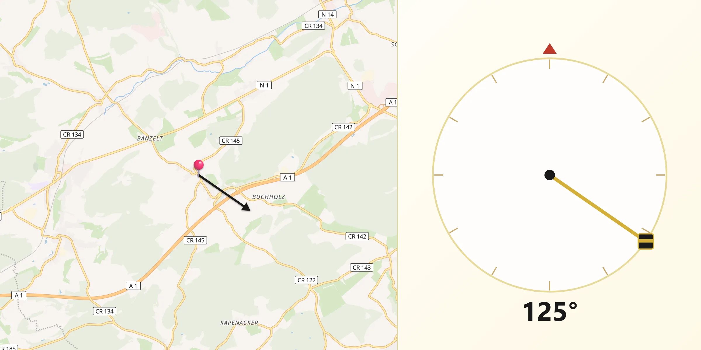 Direction vers la Qibla depuis Flaxweiler