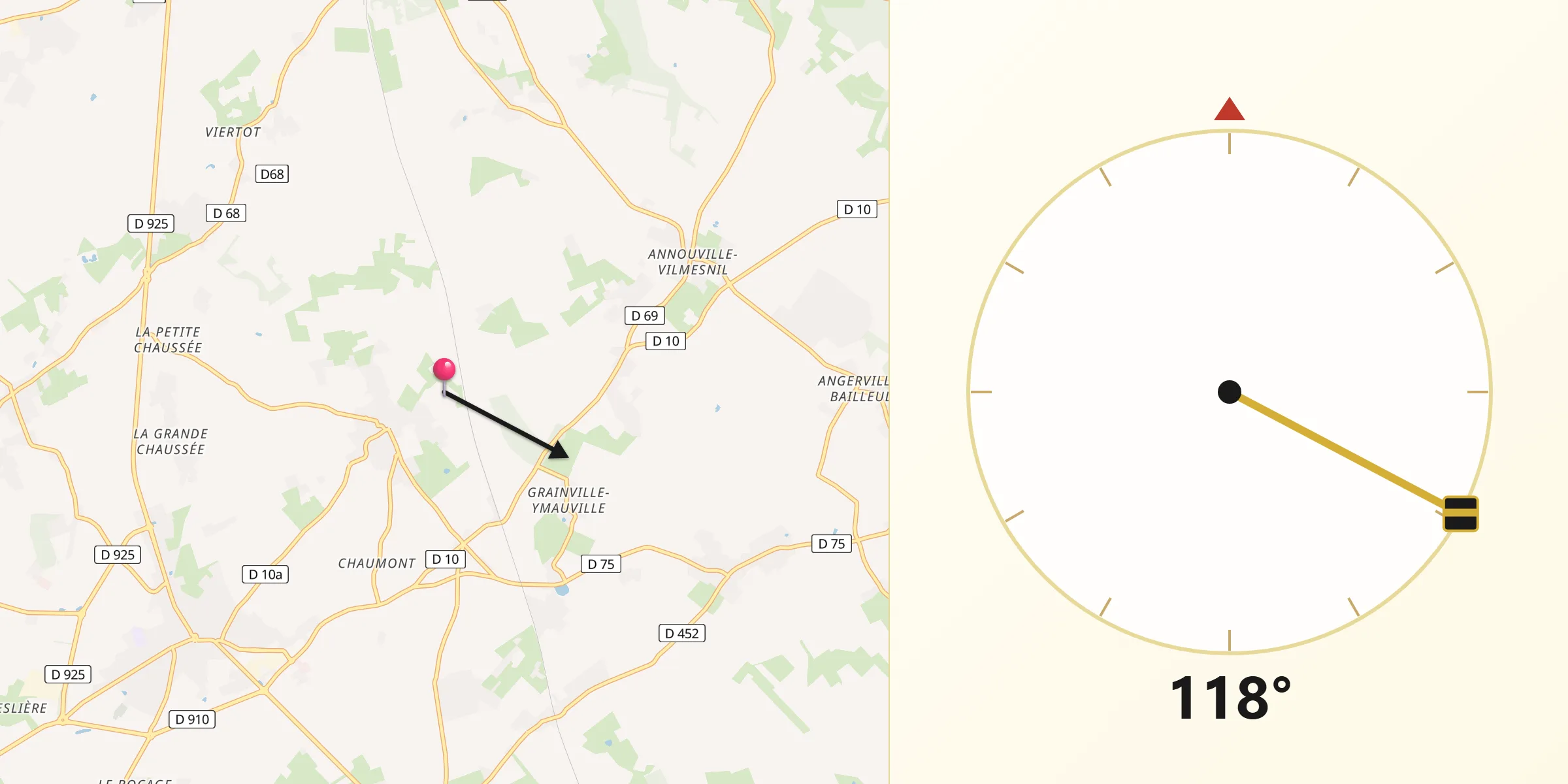Direction vers la Qibla depuis Bretteville-du-Grand-Caux