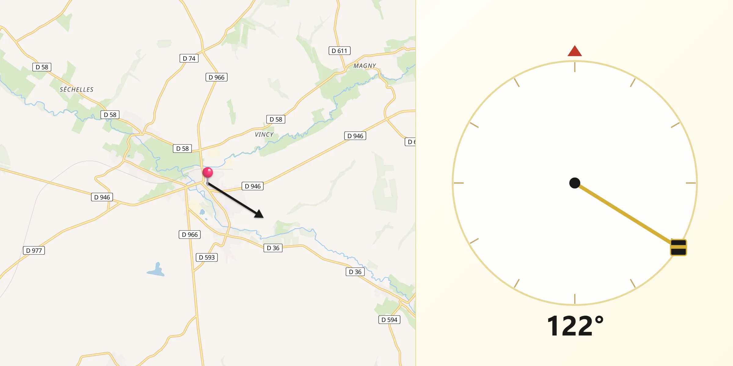 Direction vers la Qibla depuis Montcornet