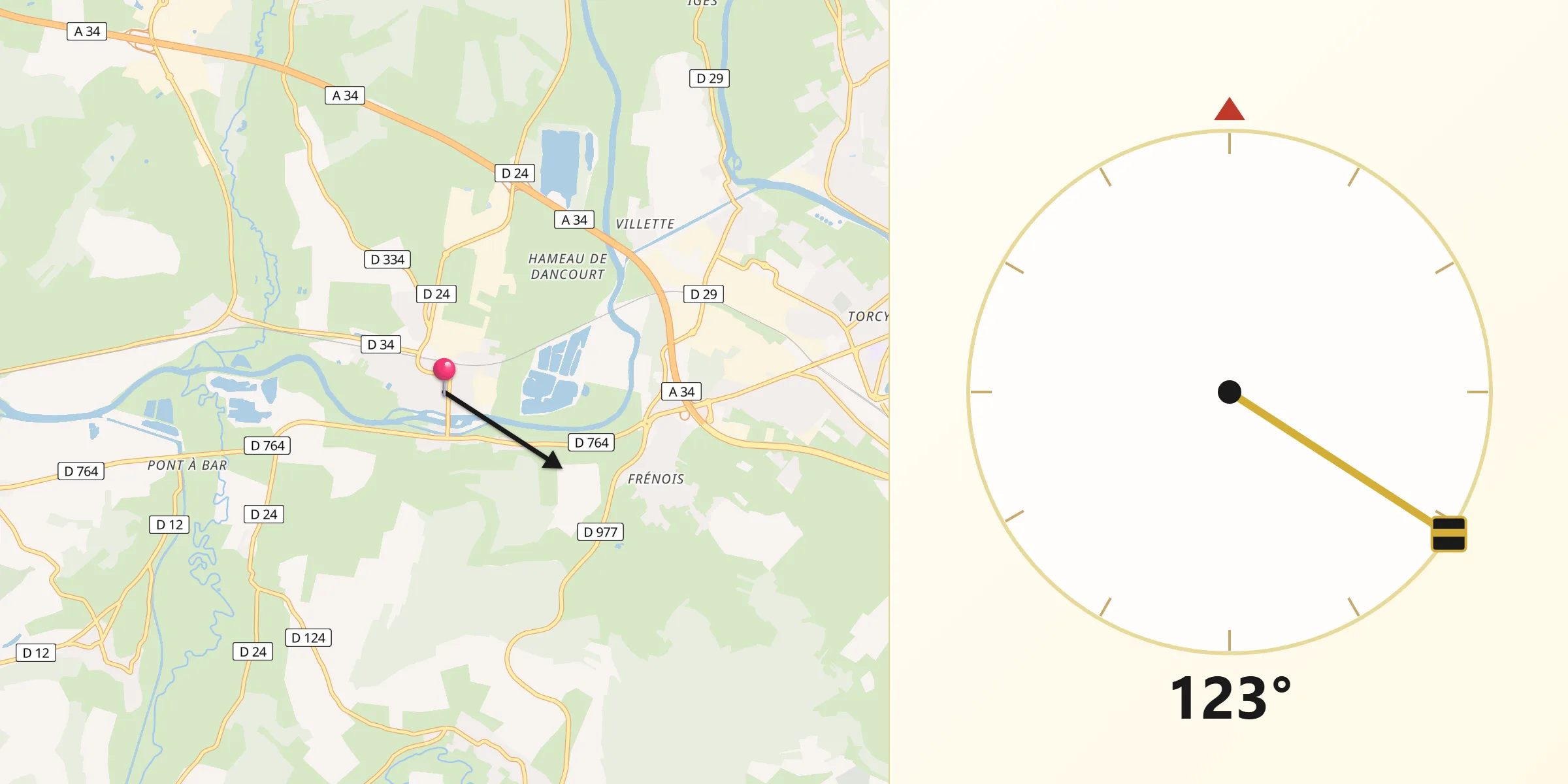 Direction vers la Qibla depuis Donchery