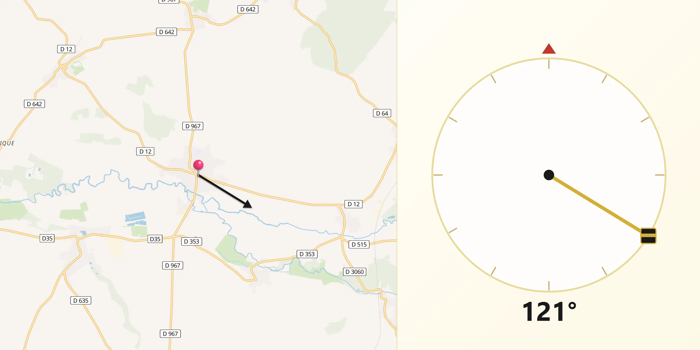 Direction vers la Qibla depuis Crécy-sur-Serre
