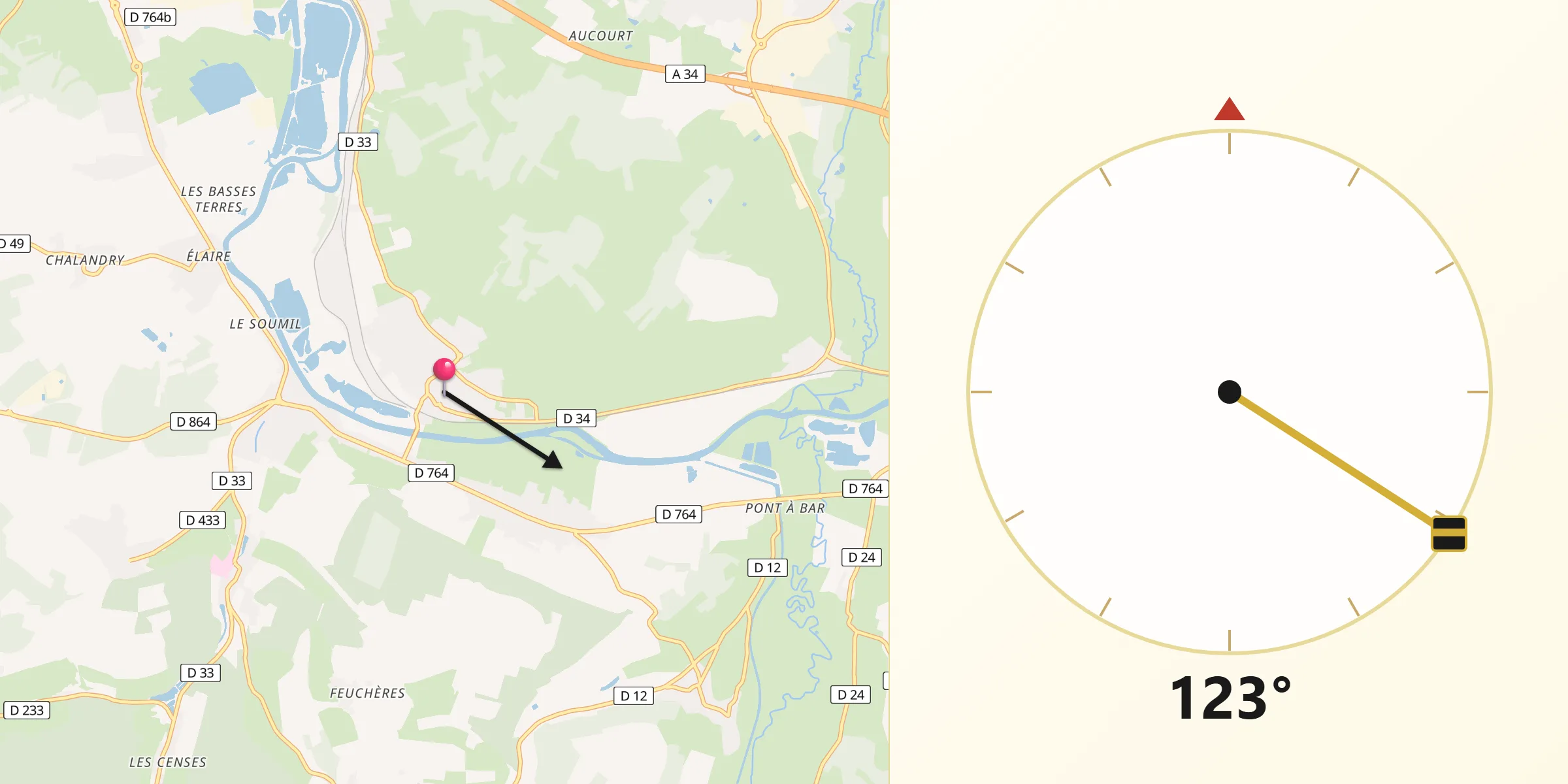 Direction vers la Qibla depuis Nouvion-sur-Meuse