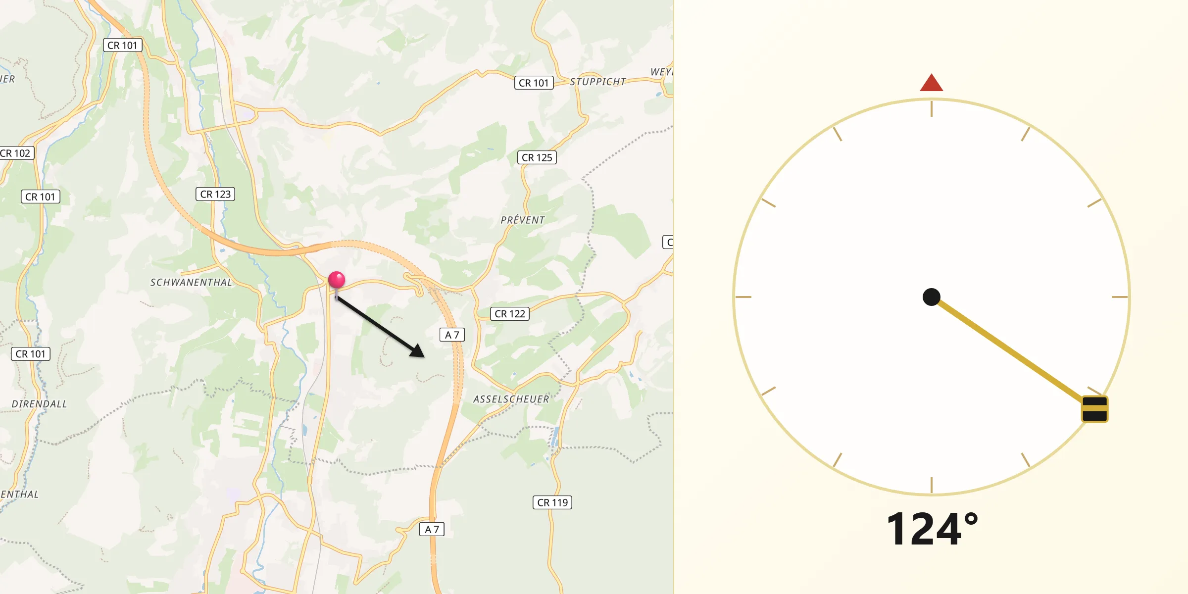 Direction vers la Qibla depuis Lorentzweiler