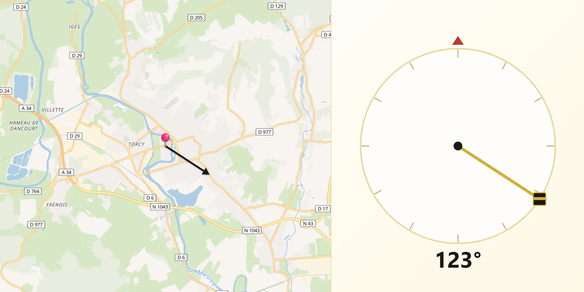 Direction vers la Qibla depuis Sedan