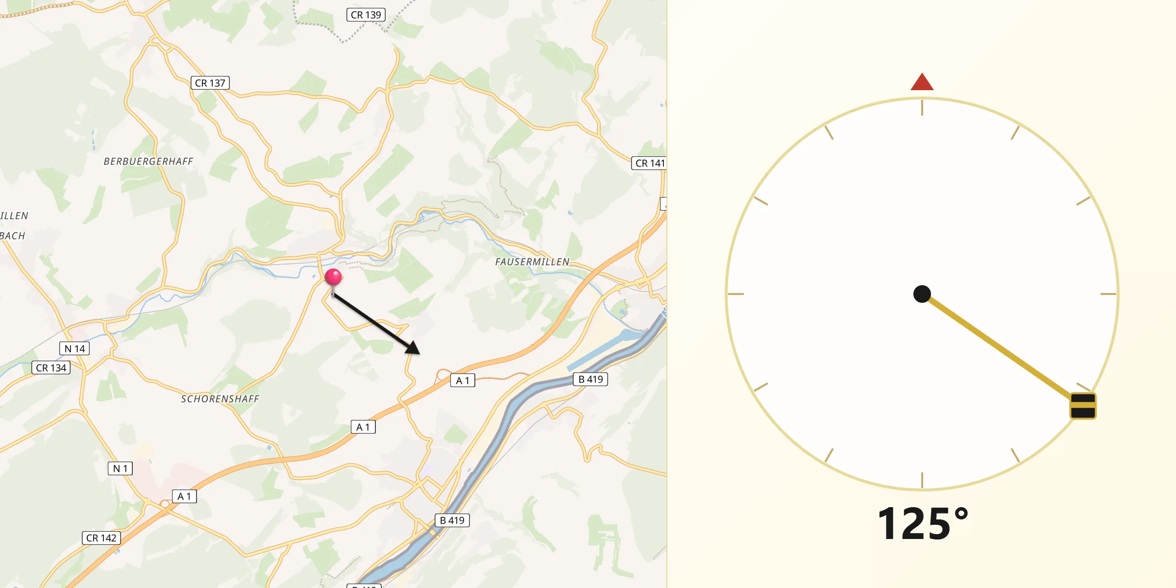 Direction vers la Qibla depuis Manternach