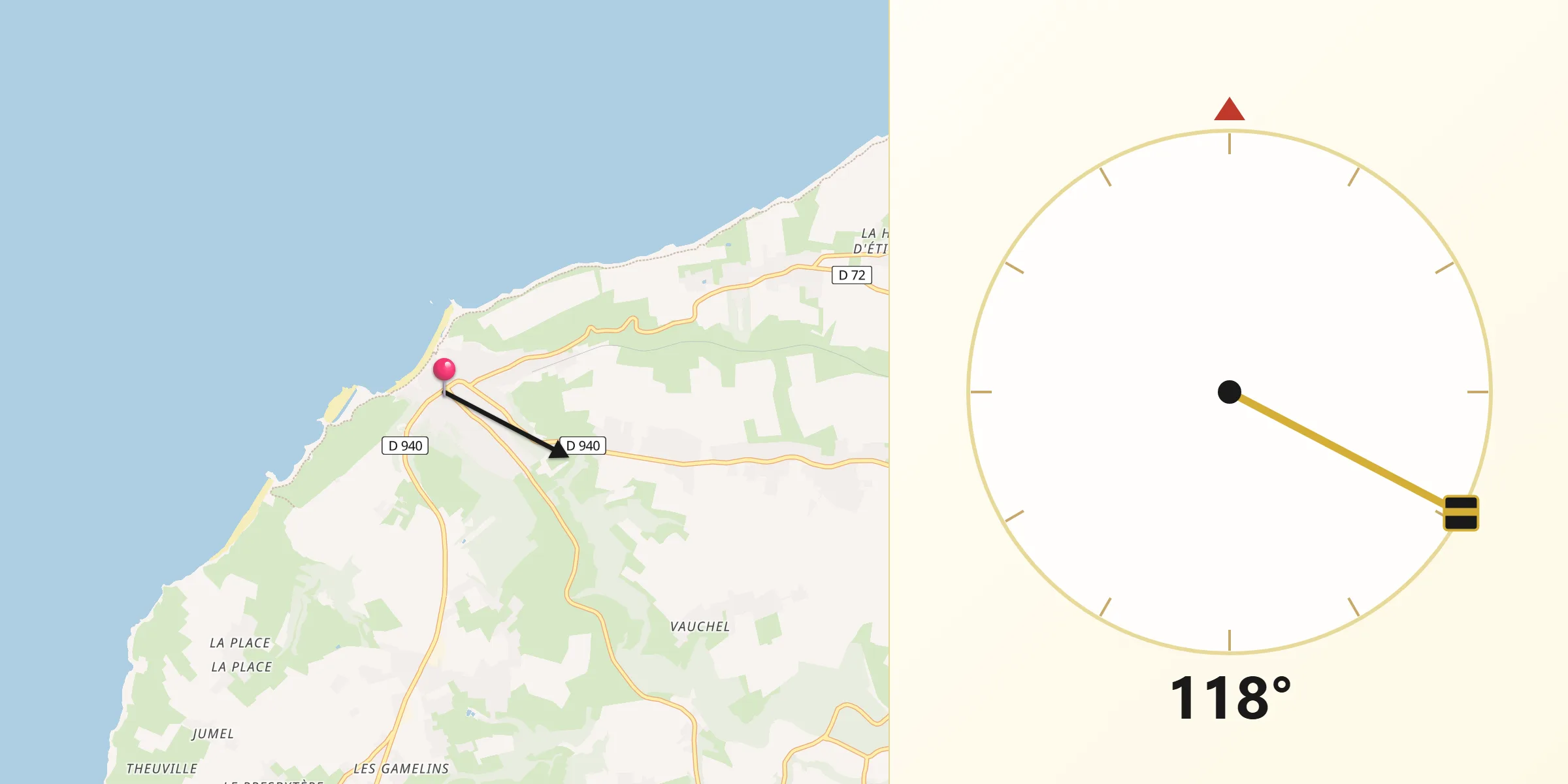 Direction vers la Qibla depuis Étretat