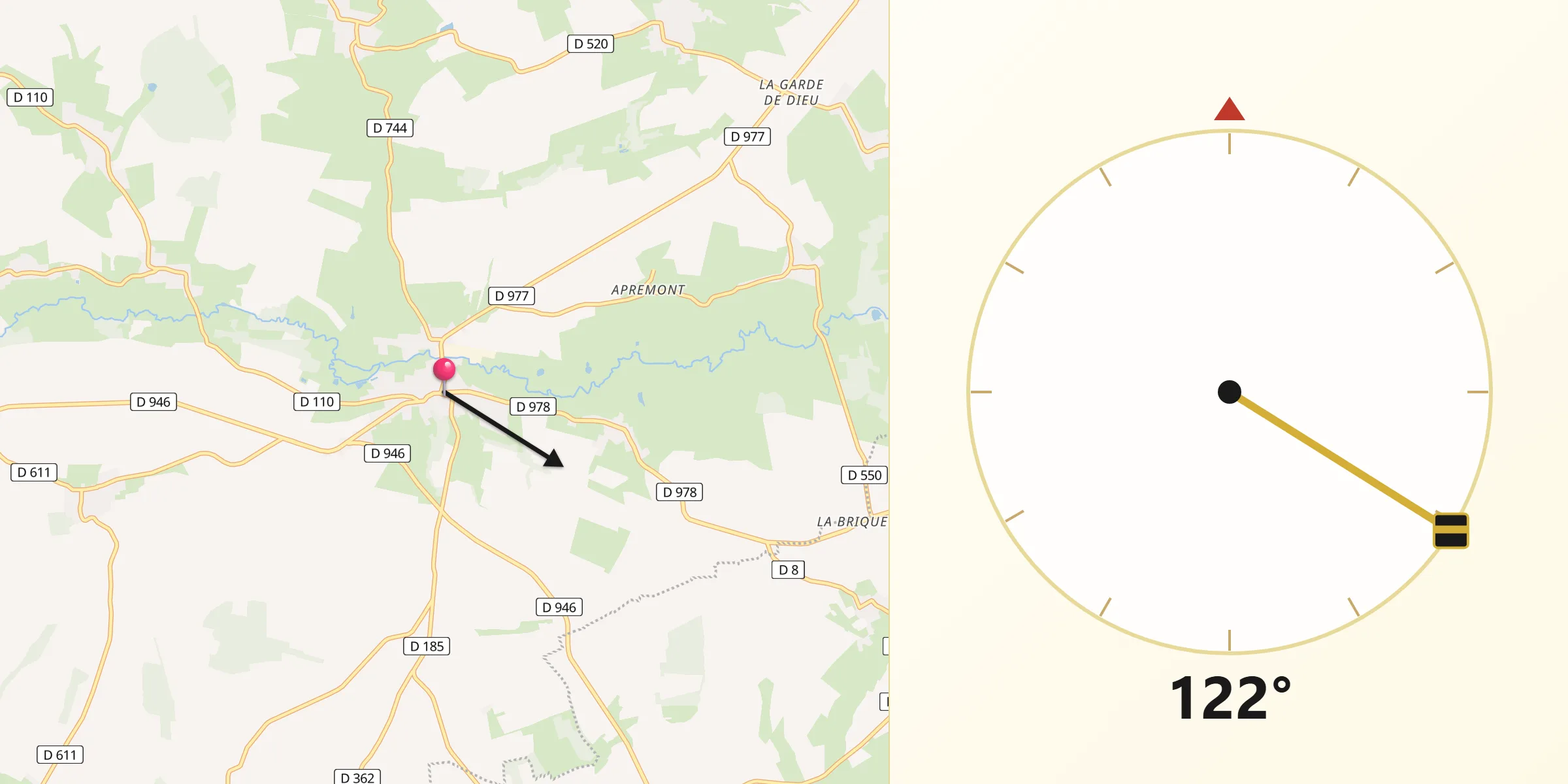 Direction vers la Qibla depuis Rozoy-sur-Serre