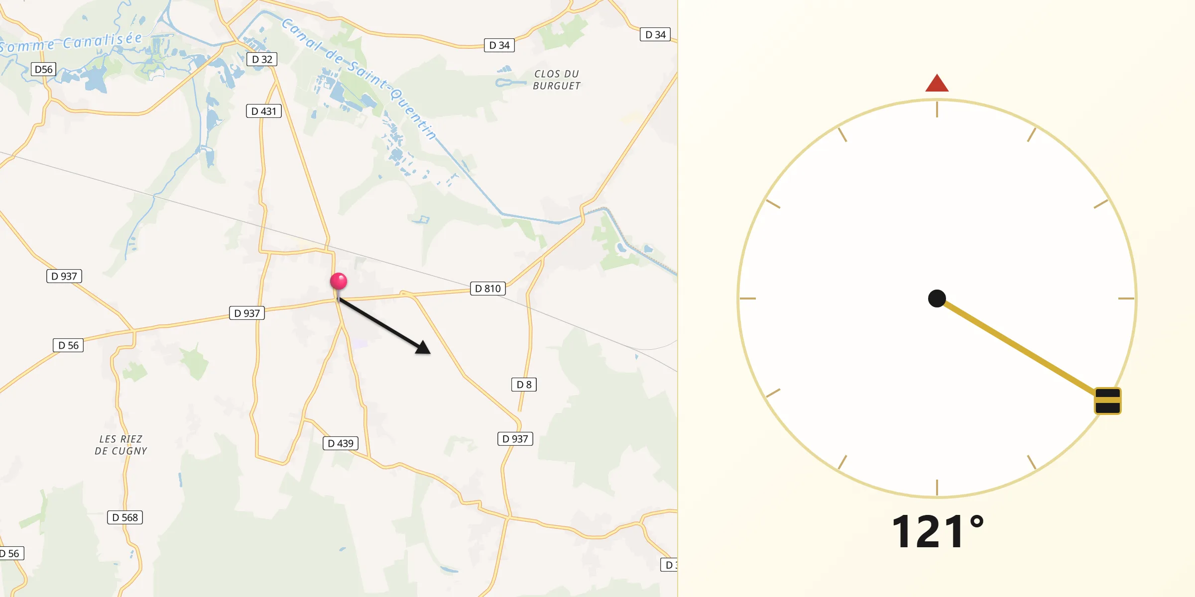 Direction vers la Qibla depuis Flavy-le-Martel