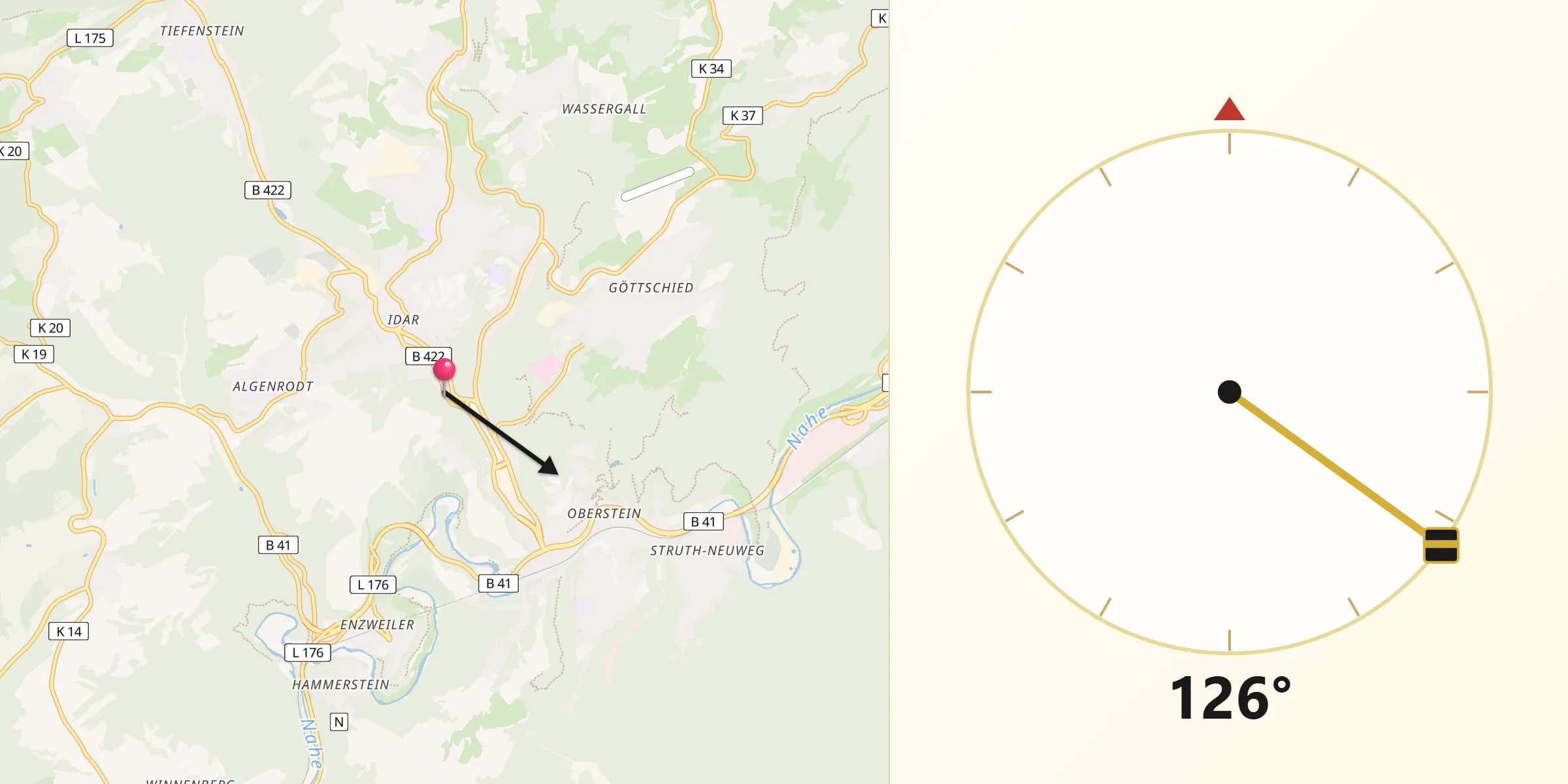 Qibla-Richtung von Idar-Oberstein
