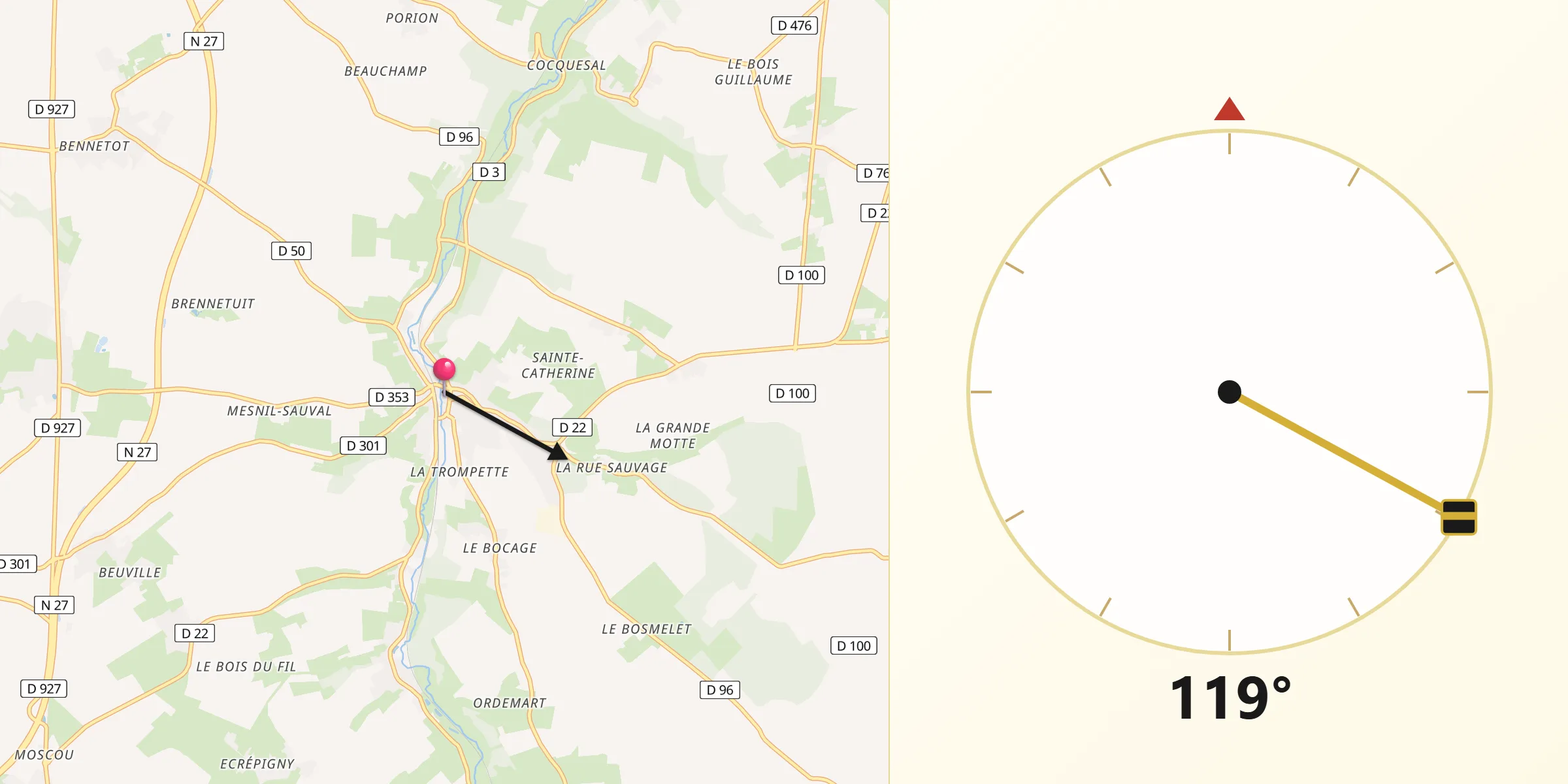 Direction vers la Qibla depuis Auffay