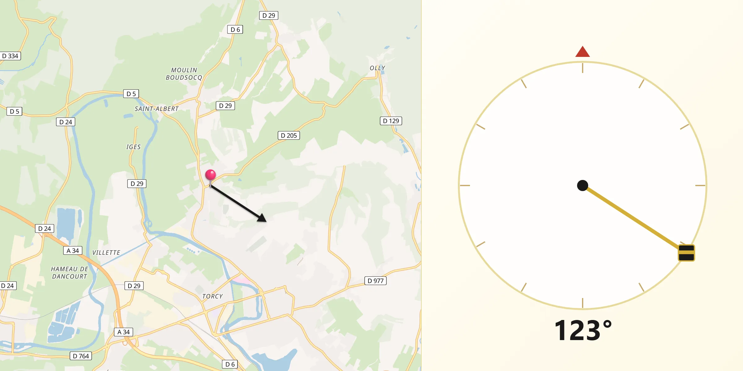 Direction vers la Qibla depuis Floing