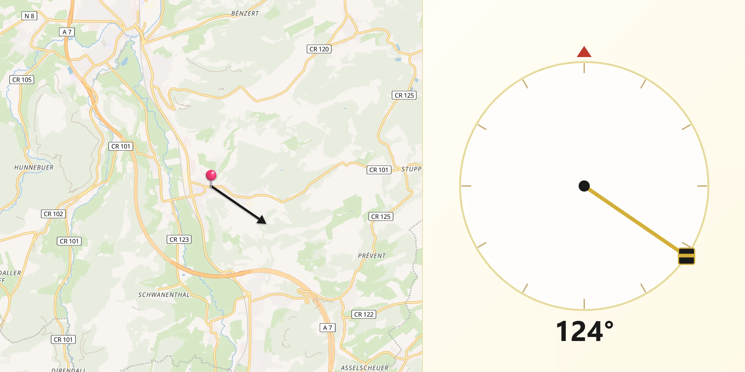 Direction vers la Qibla depuis Lintgen