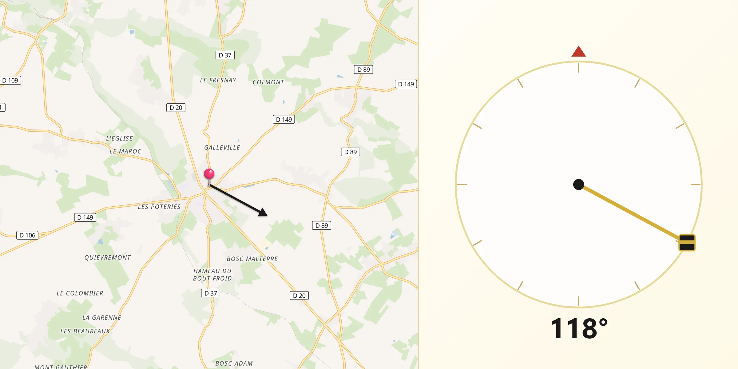 Direction vers la Qibla depuis Doudeville