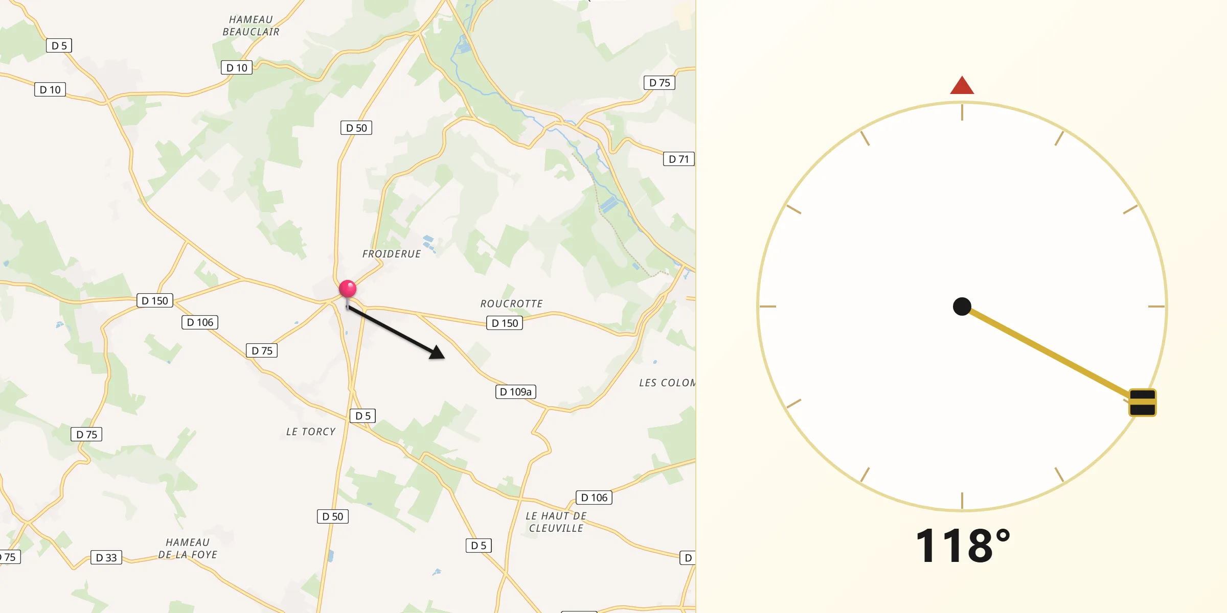 Direction vers la Qibla depuis Ourville-en-Caux