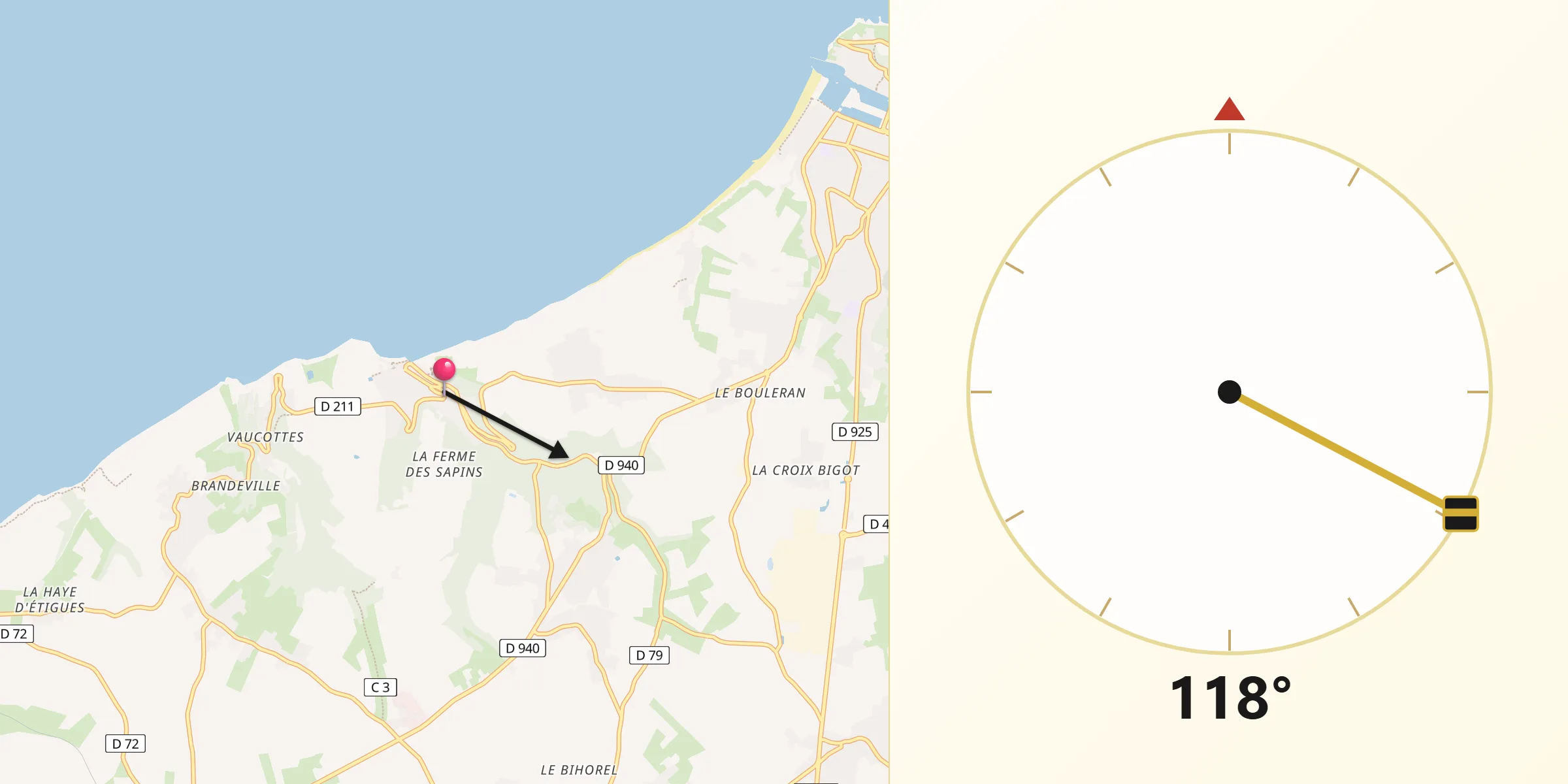 Direction vers la Qibla depuis Yport